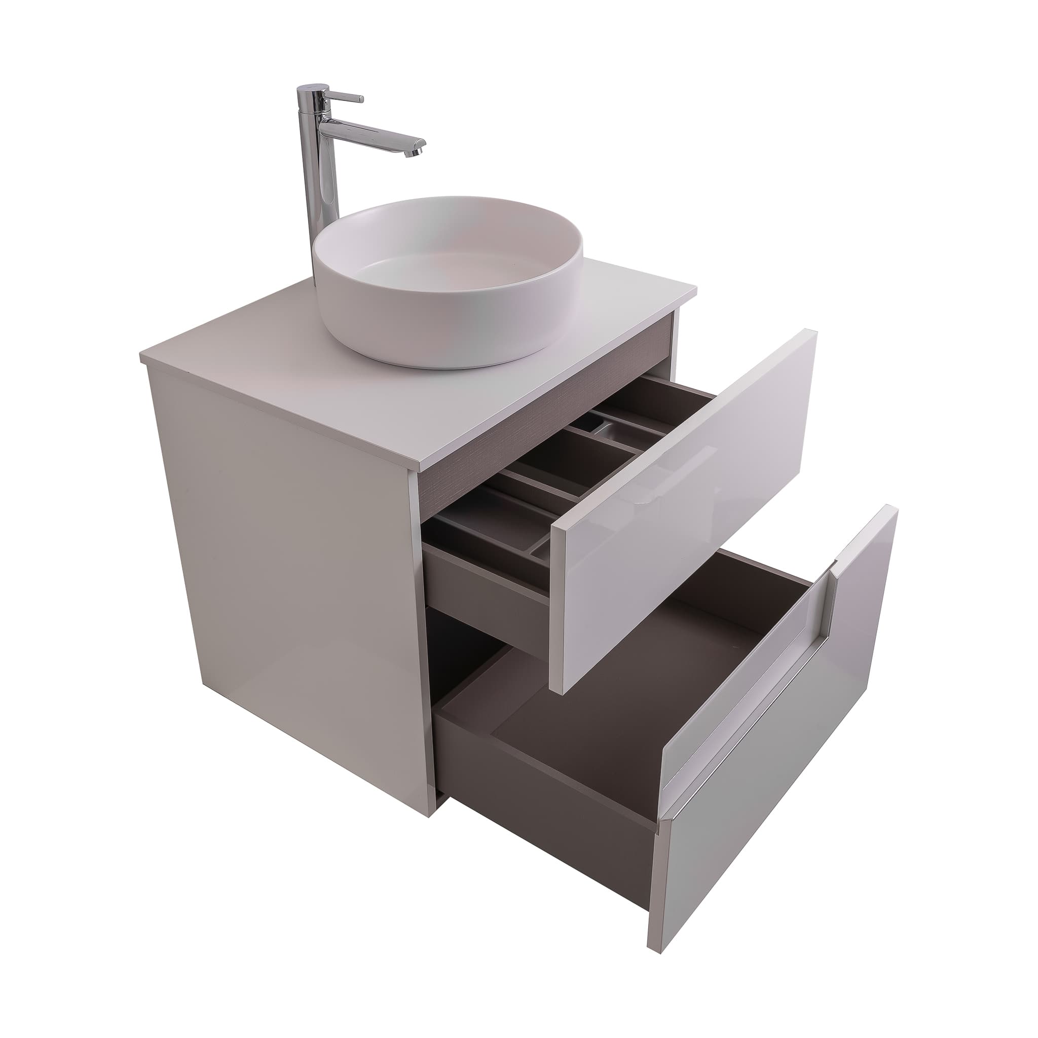 Vision 23.5 White High Gloss Cabinet, Ares White Top And Ares White Ceramic Basin, Wall Mounted Modern Vanity Set