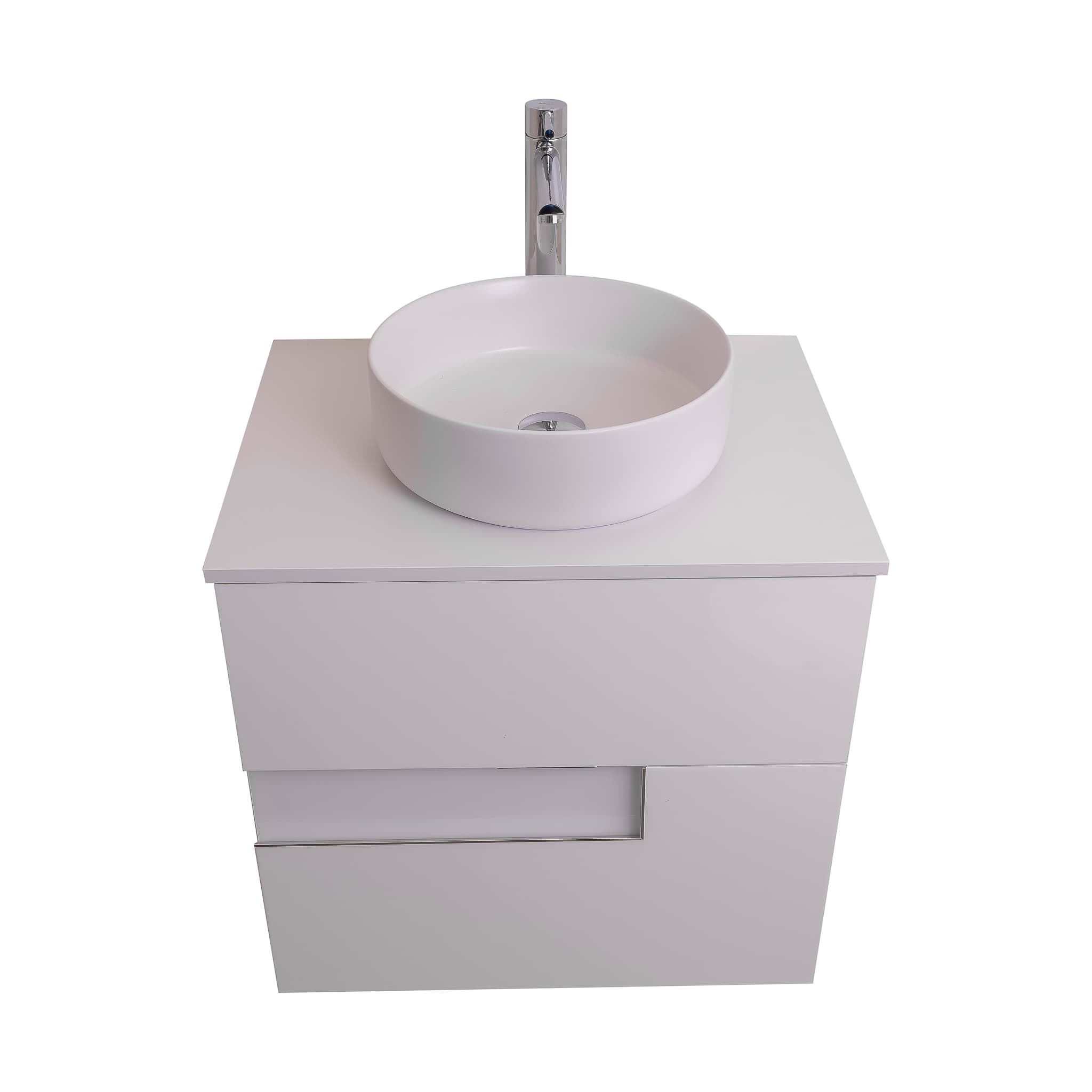 Vision 23.5 White High Gloss Cabinet, Ares White Top And Ares White Ceramic Basin, Wall Mounted Modern Vanity Set