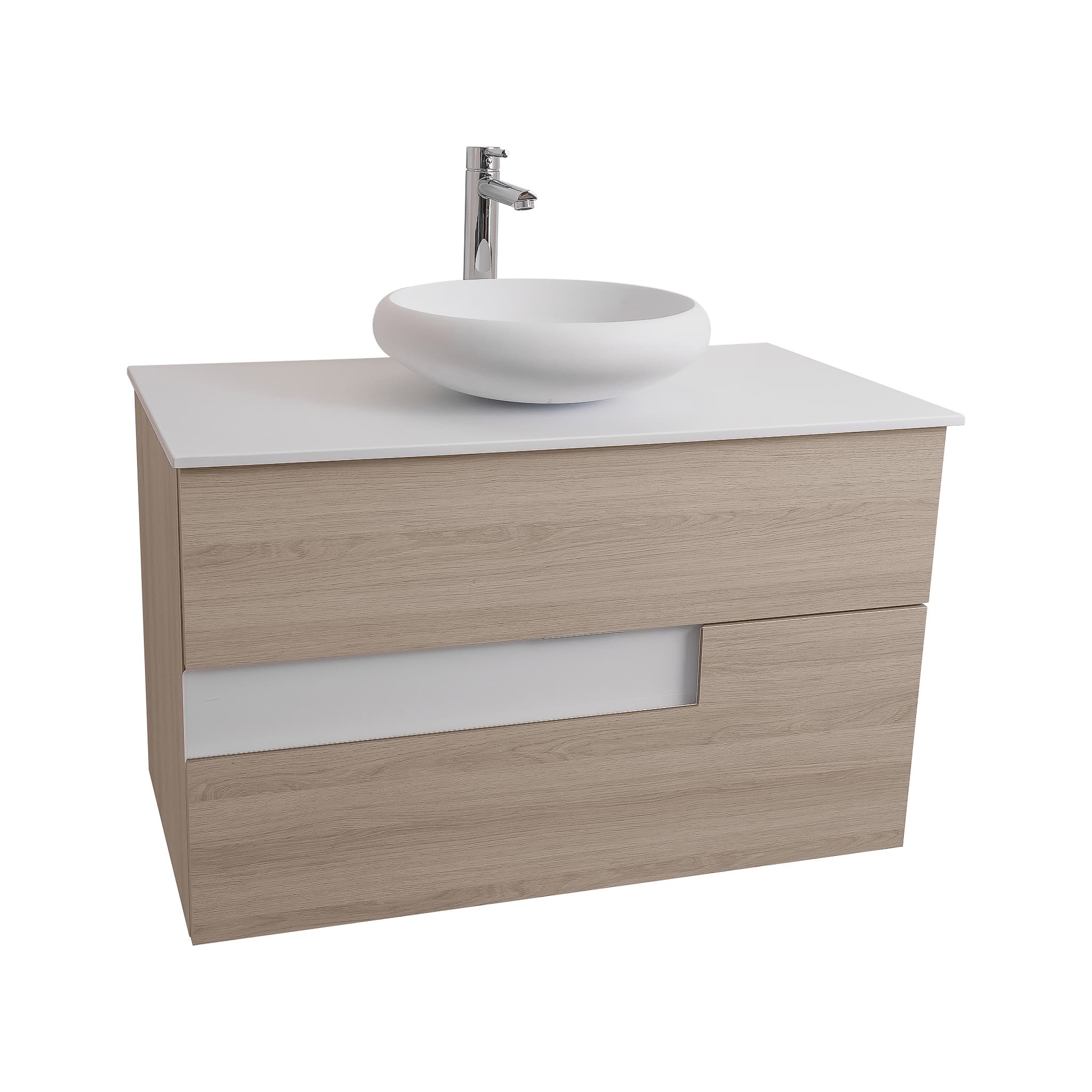 Vision 31.5 Natural Light Wood Cabinet, Solid Surface Flat White Counter And Round Solid Surface White Basin 1153, Wall Mounted Modern Vanity Set
