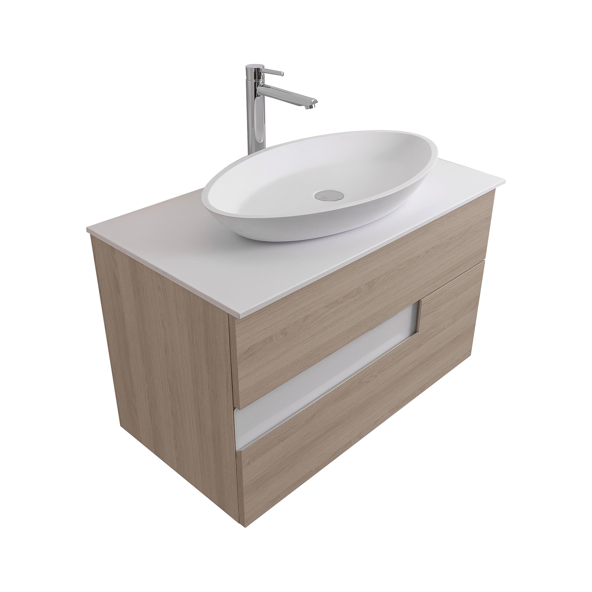 Vision 31.5 Natural Light Wood Cabinet, Solid Surface Flat White Counter And Oval Solid Surface White Basin 1305, Wall Mounted Modern Vanity Set