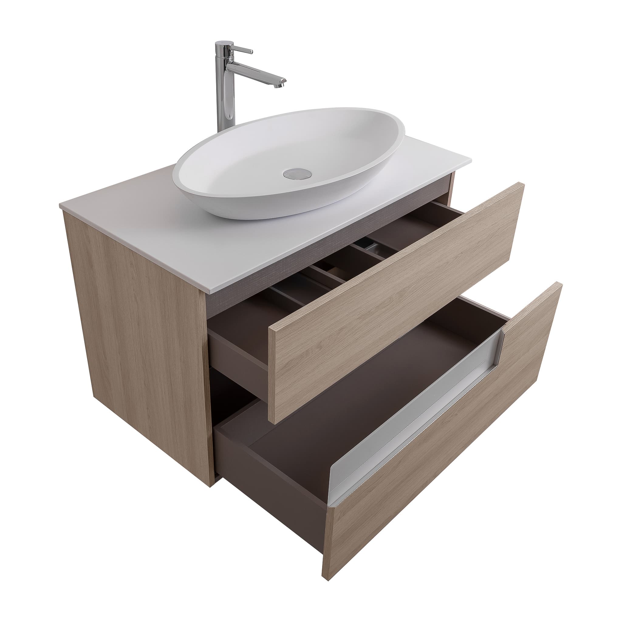 Vision 31.5 Natural Light Wood Cabinet, Solid Surface Flat White Counter And Oval Solid Surface White Basin 1305, Wall Mounted Modern Vanity Set