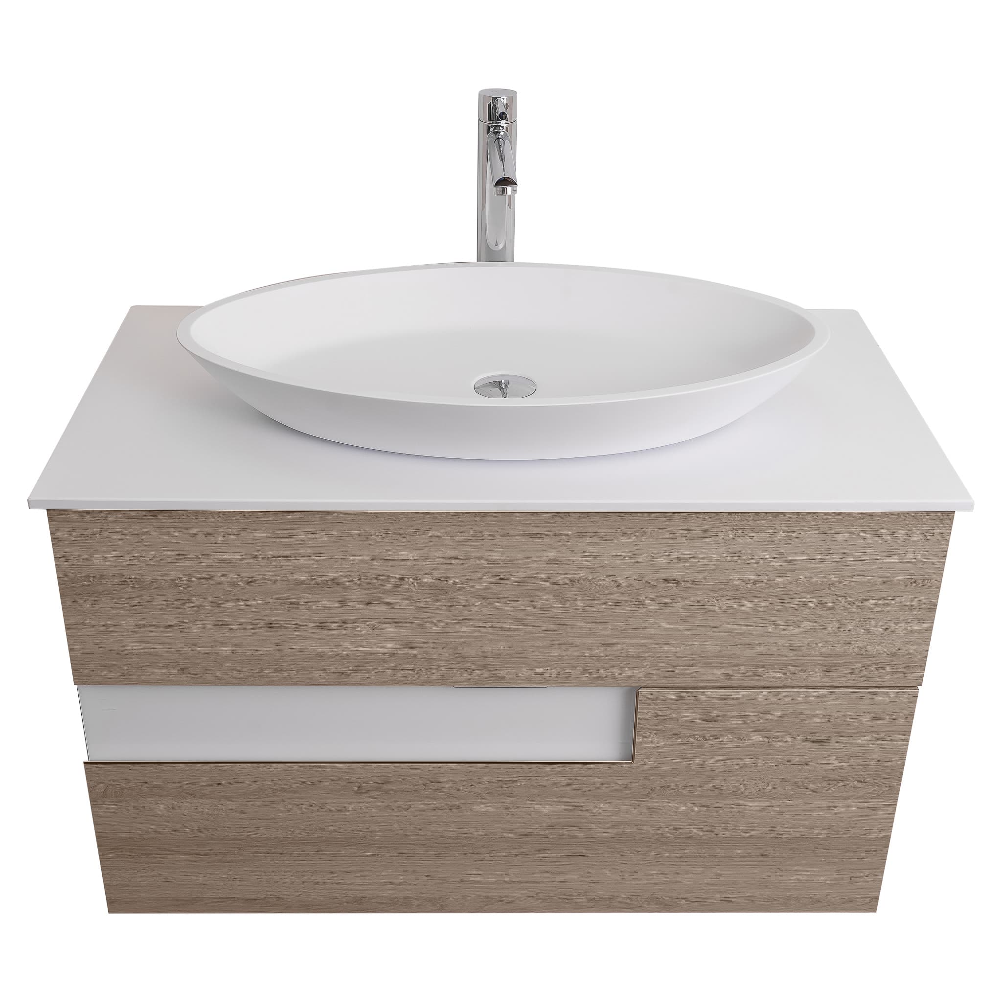 Vision 31.5 Natural Light Wood Cabinet, Solid Surface Flat White Counter And Oval Solid Surface White Basin 1305, Wall Mounted Modern Vanity Set