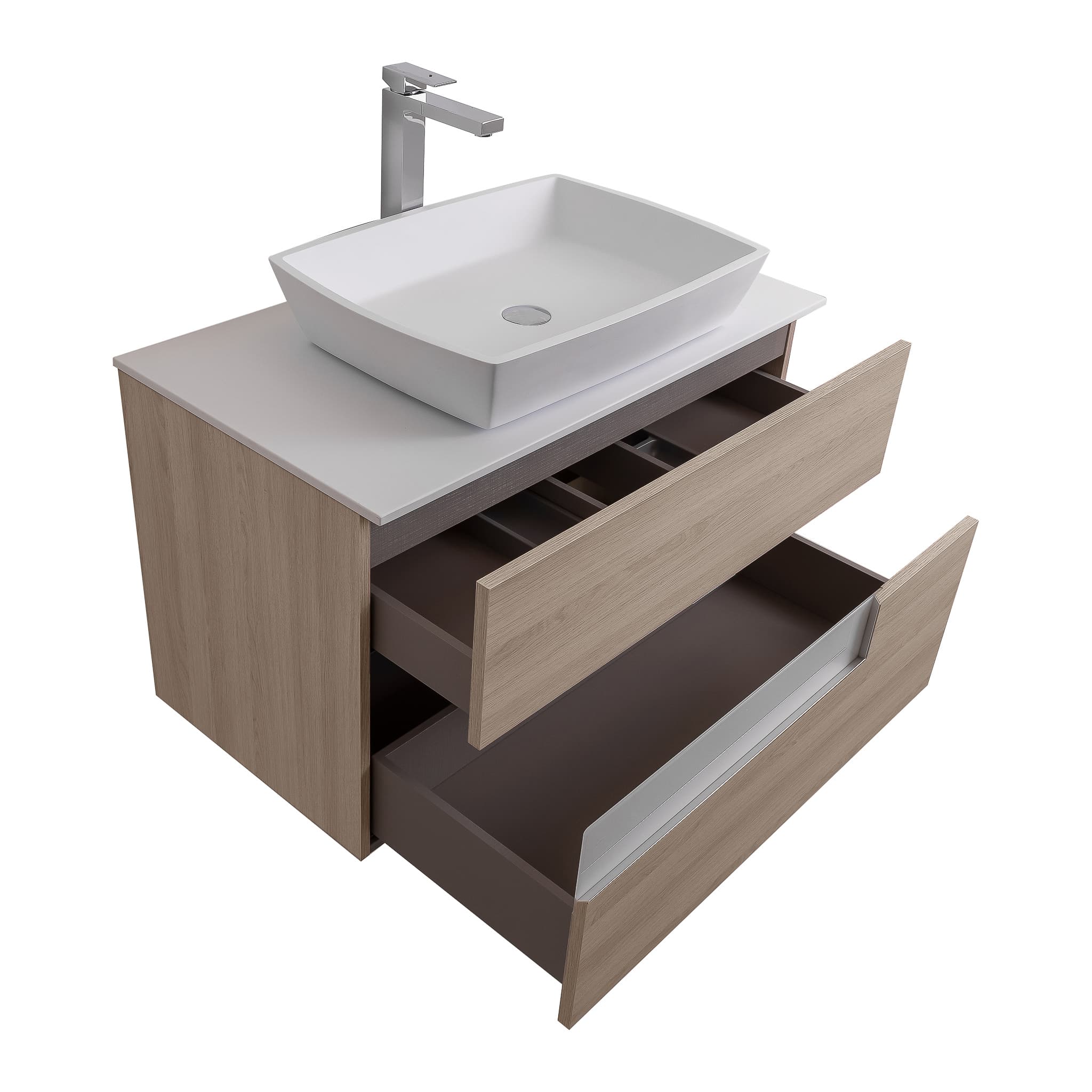 Vision 31.5 Natural Light Wood Cabinet, Solid Surface Flat White Counter And Square Solid Surface White Basin 1316, Wall Mounted Modern Vanity Set