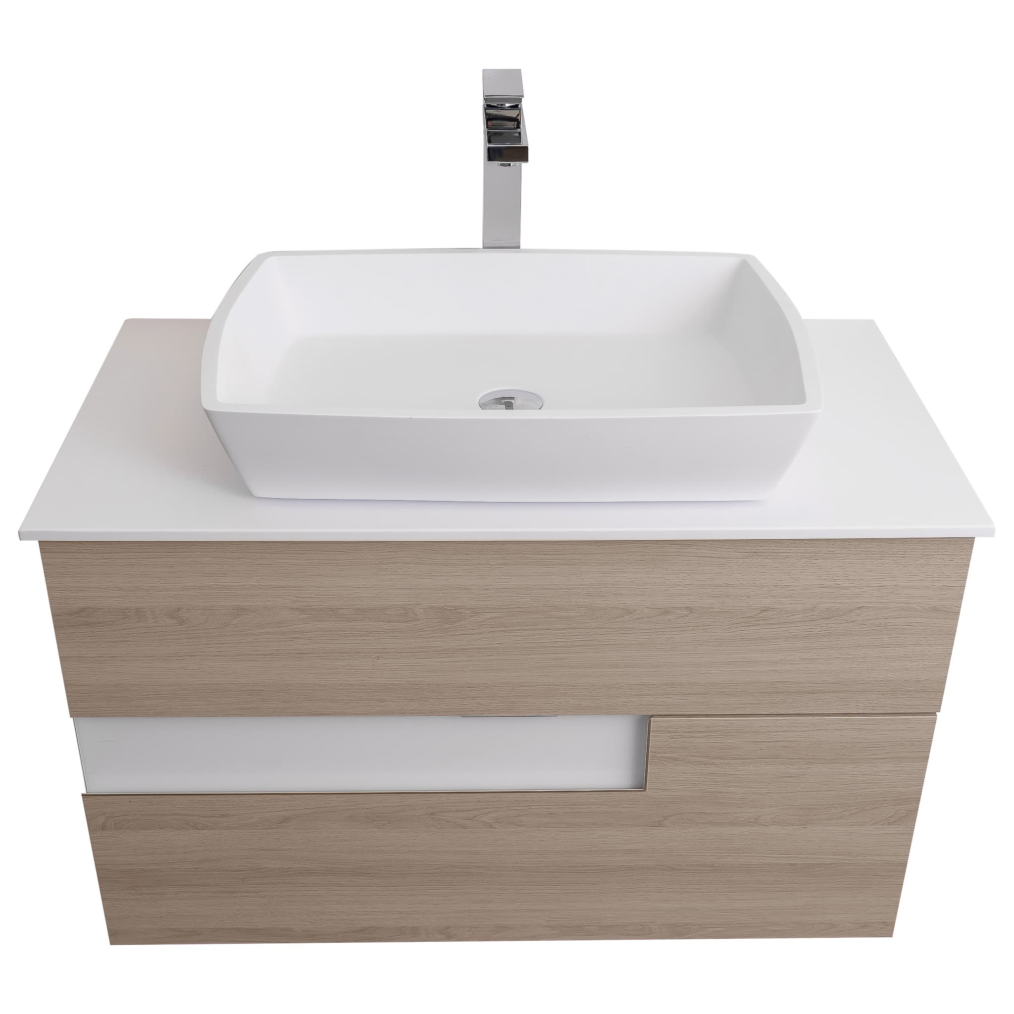 Vision 31.5 Natural Light Wood Cabinet, Solid Surface Flat White Counter And Square Solid Surface White Basin 1316, Wall Mounted Modern Vanity Set