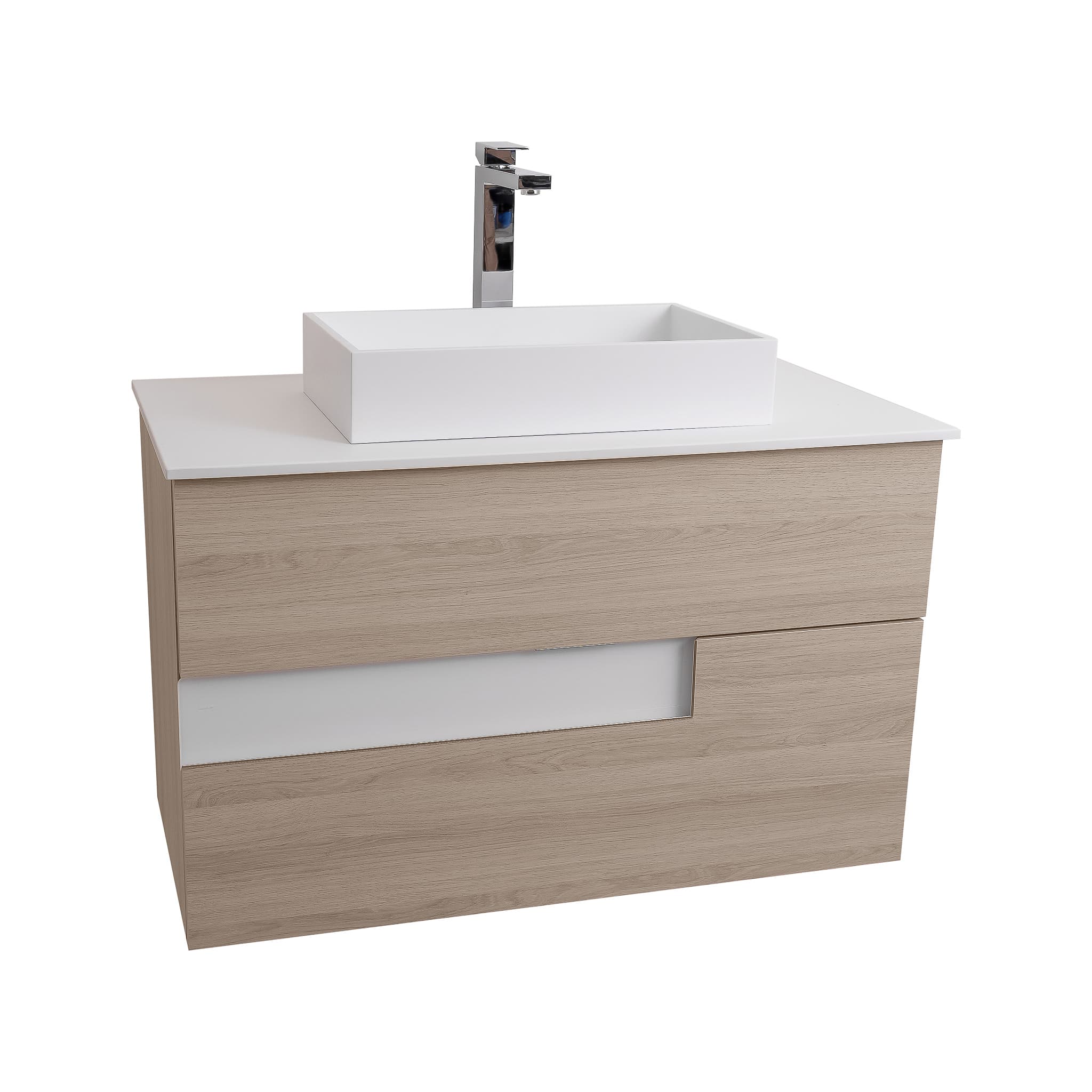 Vision 31.5 Natural Light Wood Cabinet, Solid Surface Flat White Counter And Infinity Square Solid Surface White Basin 1329, Wall Mounted Modern Vanity Set