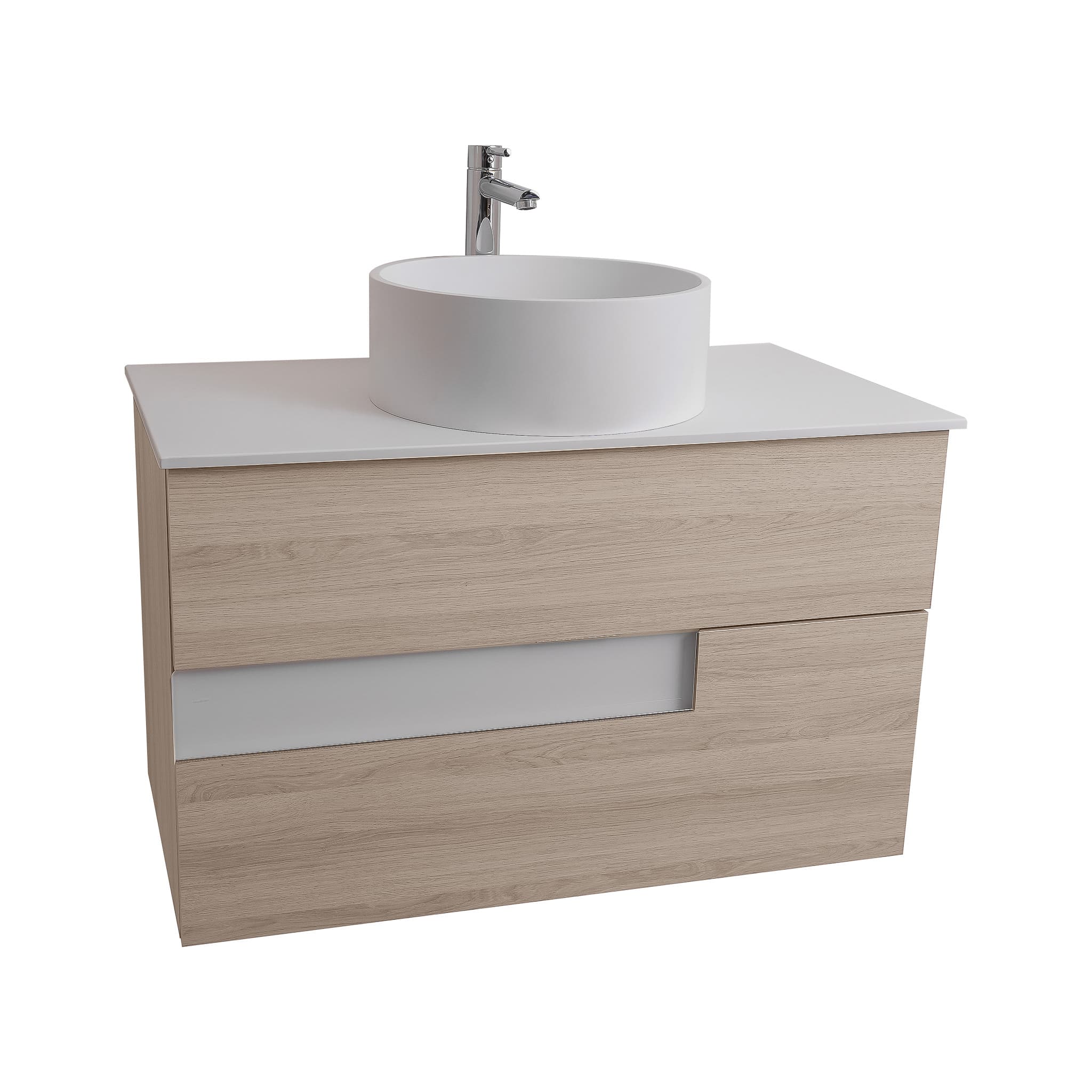 Vision 31.5 Natural Light Wood Cabinet, Solid Surface Flat White Counter And Round Solid Surface White Basin 1386, Wall Mounted Modern Vanity Set