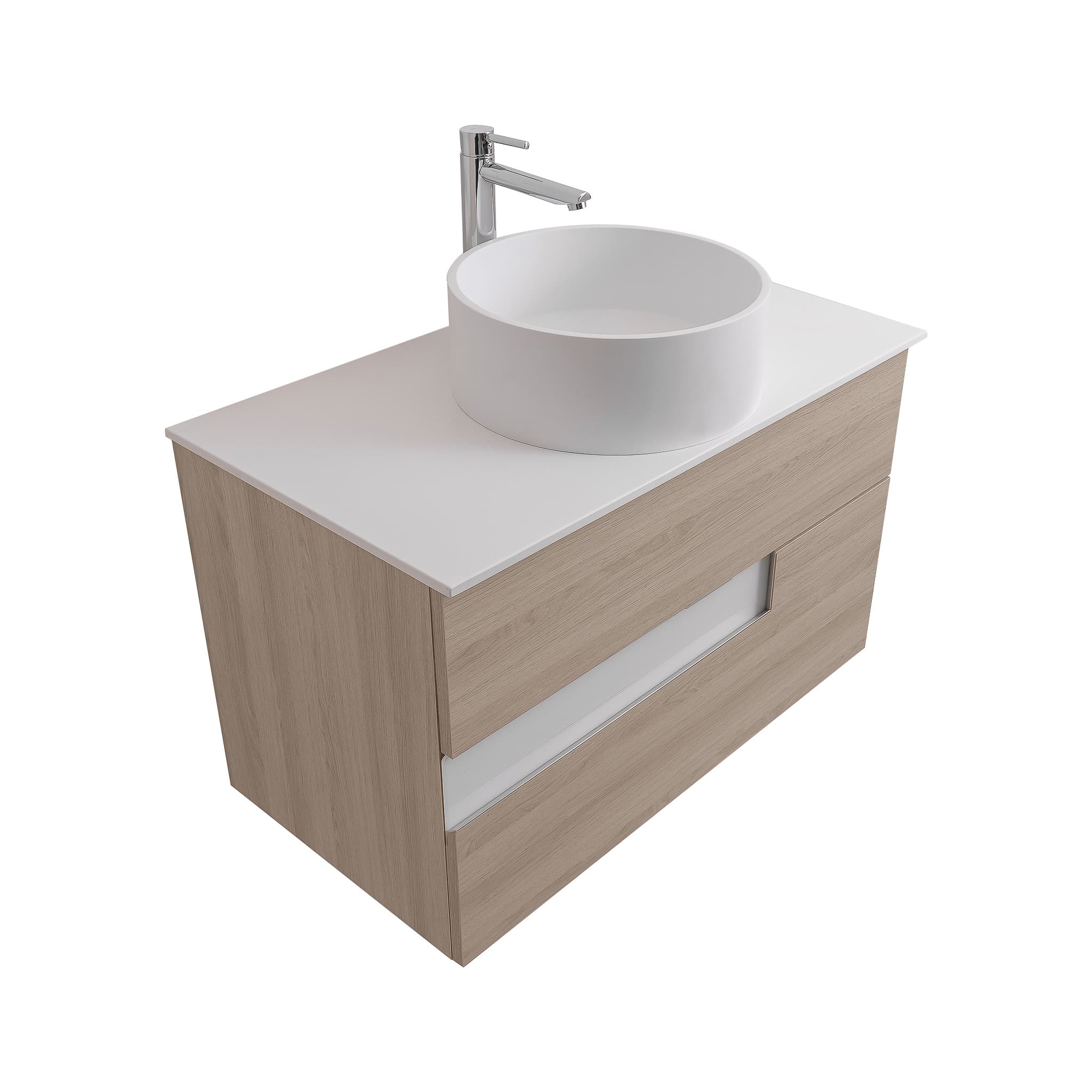 Vision 31.5 Natural Light Wood Cabinet, Solid Surface Flat White Counter And Round Solid Surface White Basin 1386, Wall Mounted Modern Vanity Set