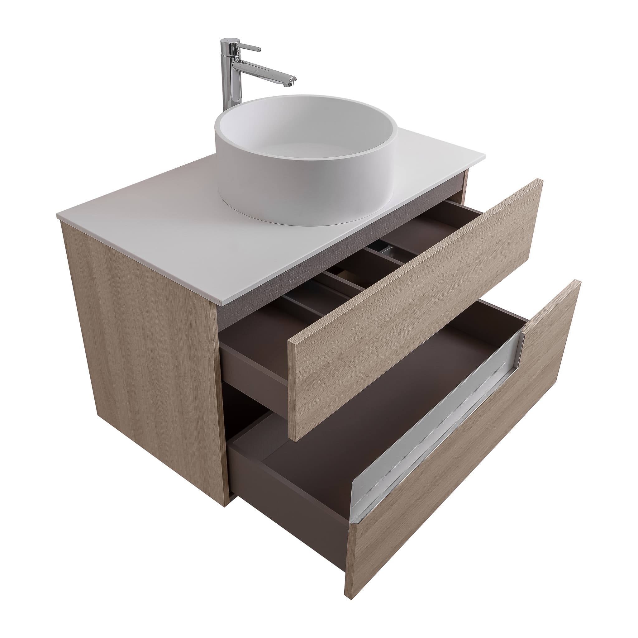 Vision 31.5 Natural Light Wood Cabinet, Solid Surface Flat White Counter And Round Solid Surface White Basin 1386, Wall Mounted Modern Vanity Set