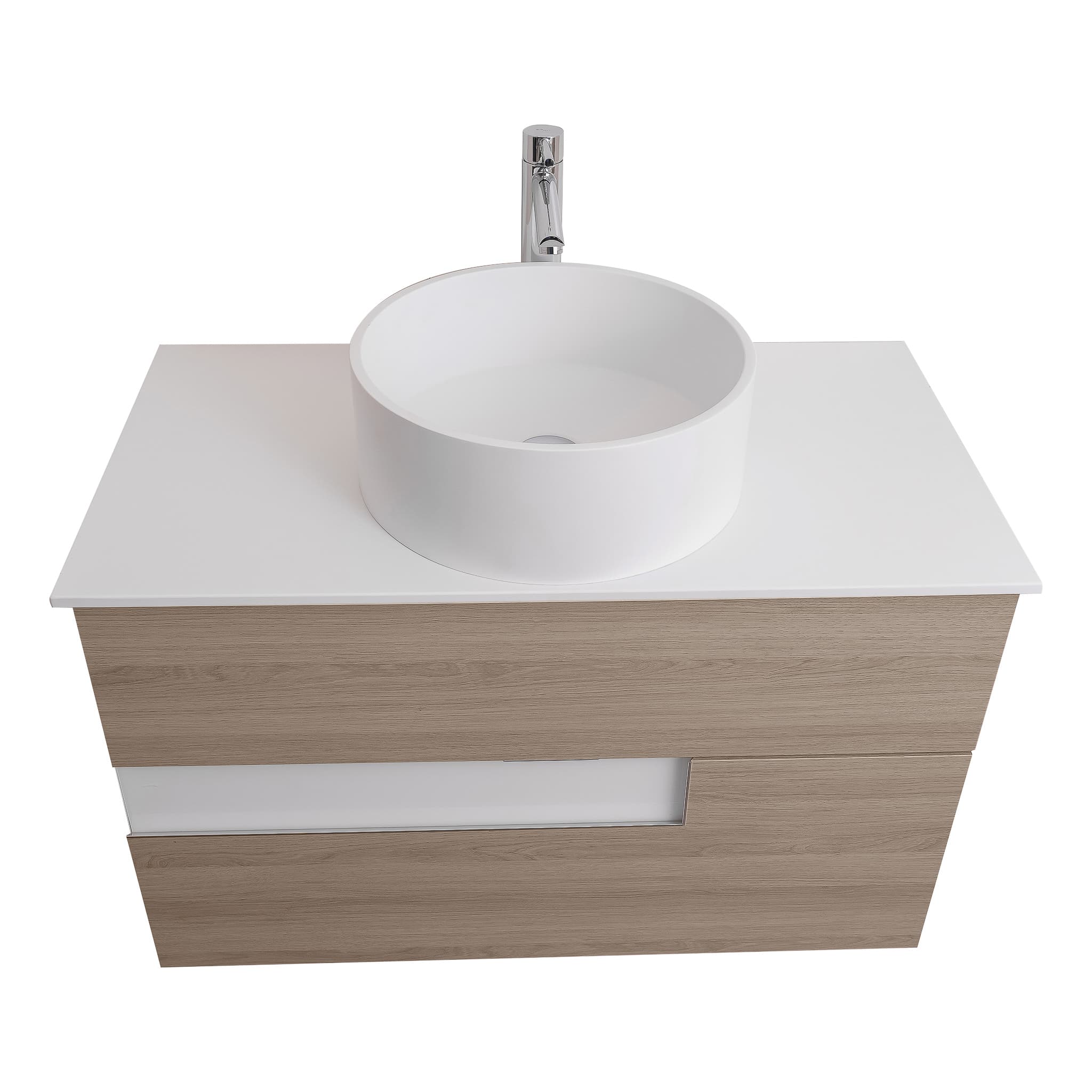 Vision 31.5 Natural Light Wood Cabinet, Solid Surface Flat White Counter And Round Solid Surface White Basin 1386, Wall Mounted Modern Vanity Set