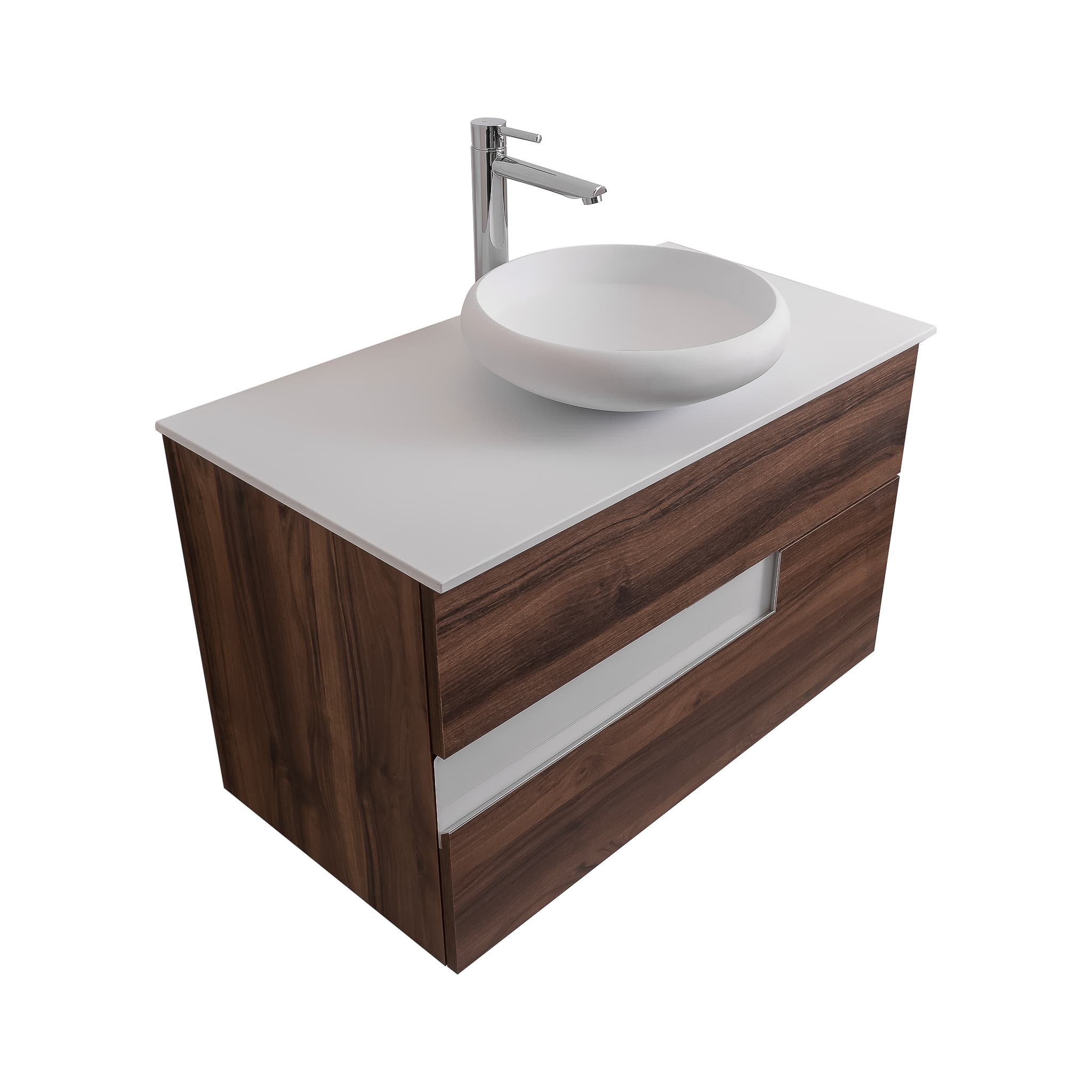 Vision 31.5 Valenti Medium Brown Wood Cabinet, Solid Surface Flat White Counter And Round Solid Surface White Basin 1153, Wall Mounted Modern Vanity Set