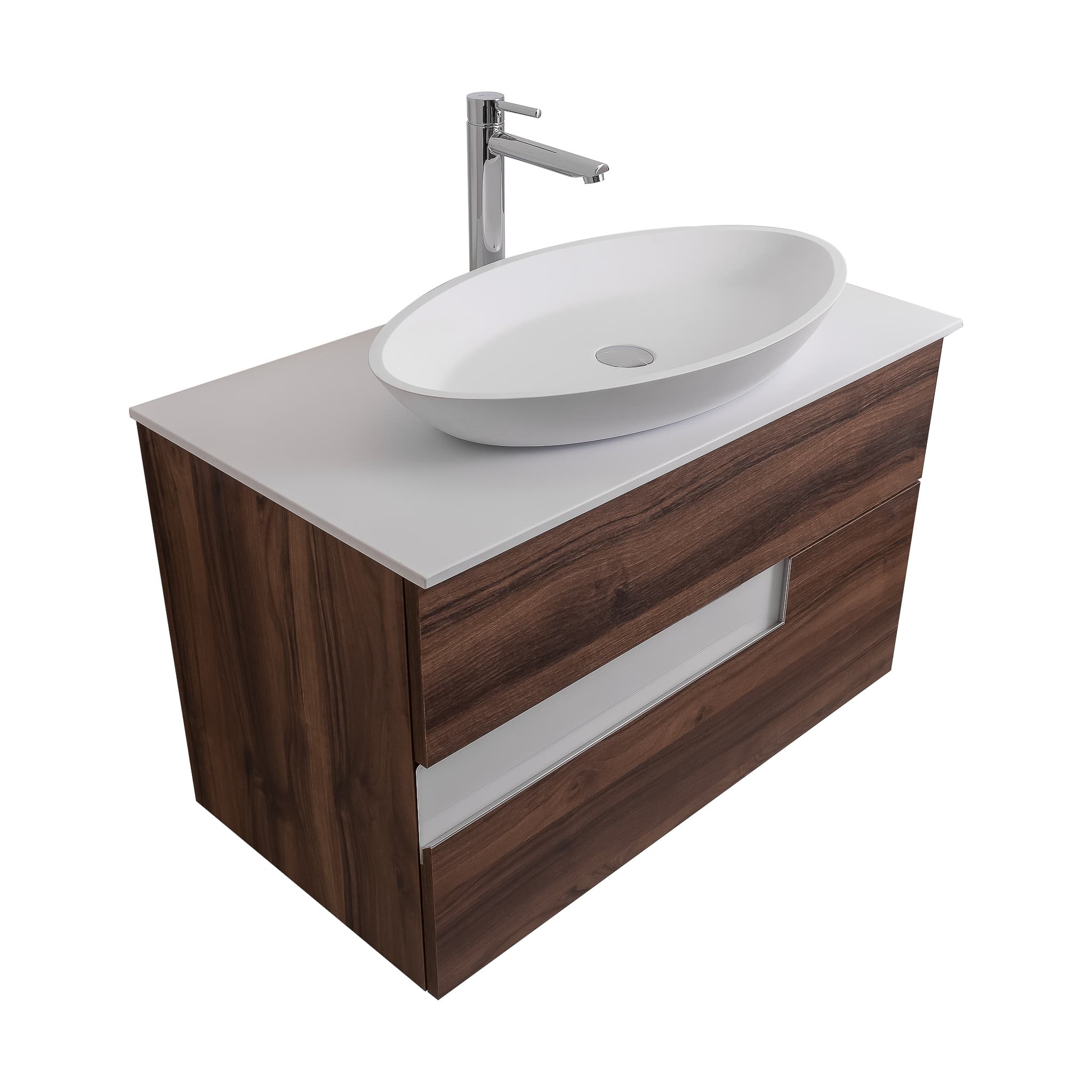 Vision 31.5 Valenti Medium Brown Wood Cabinet, Solid Surface Flat White Counter And Oval Solid Surface White Basin 1305, Wall Mounted Modern Vanity Set