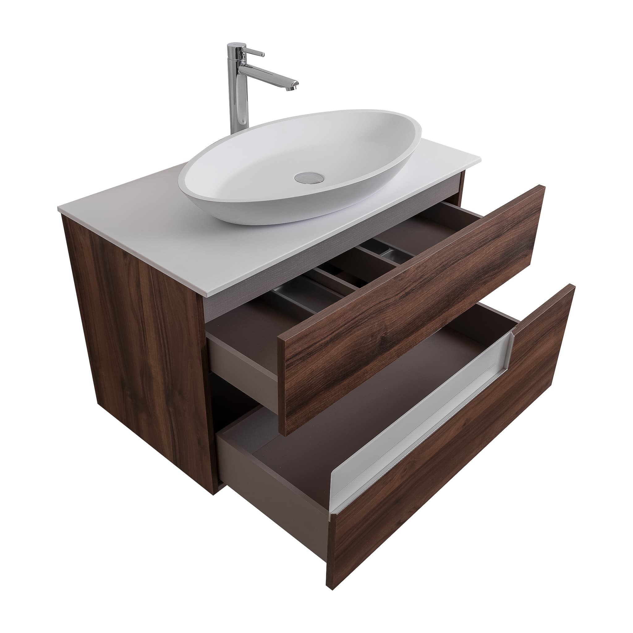 Vision 31.5 Valenti Medium Brown Wood Cabinet, Solid Surface Flat White Counter And Oval Solid Surface White Basin 1305, Wall Mounted Modern Vanity Set