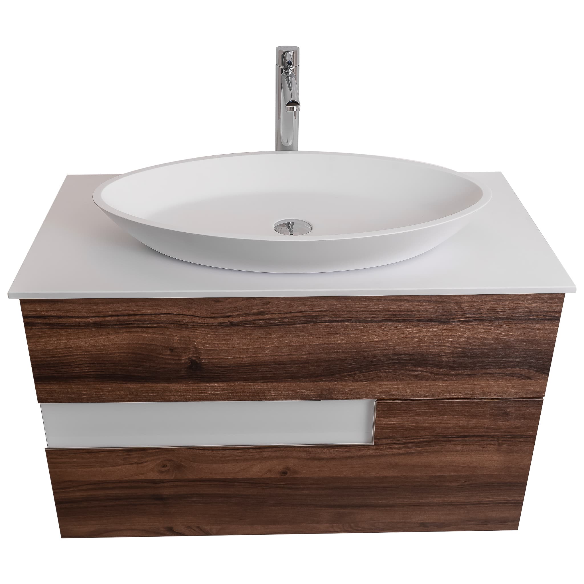 Vision 31.5 Valenti Medium Brown Wood Cabinet, Solid Surface Flat White Counter And Oval Solid Surface White Basin 1305, Wall Mounted Modern Vanity Set