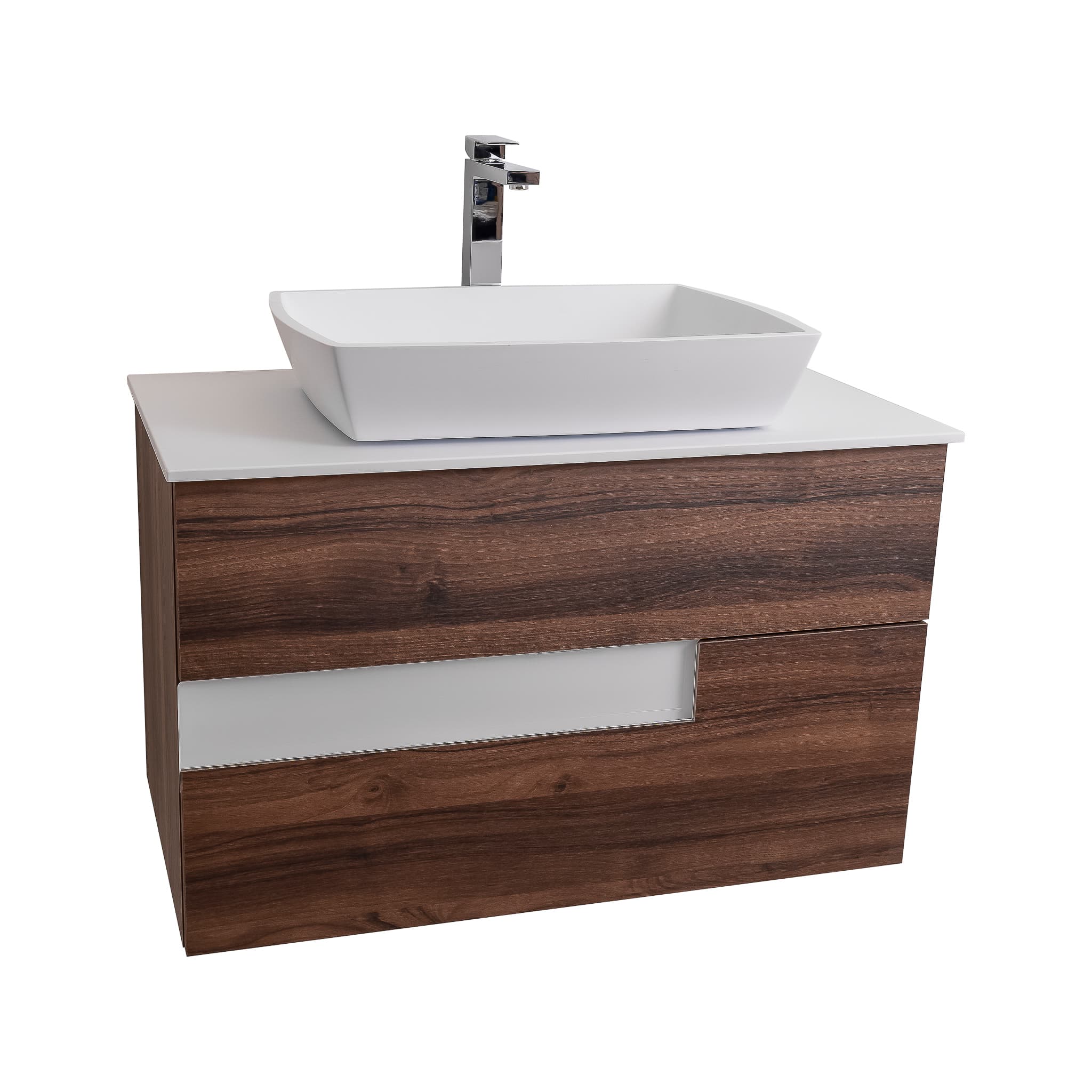 Vision 31.5 Valenti Medium Brown Wood Cabinet, Solid Surface Flat White Counter And Square Solid Surface White Basin 1316, Wall Mounted Modern Vanity Set