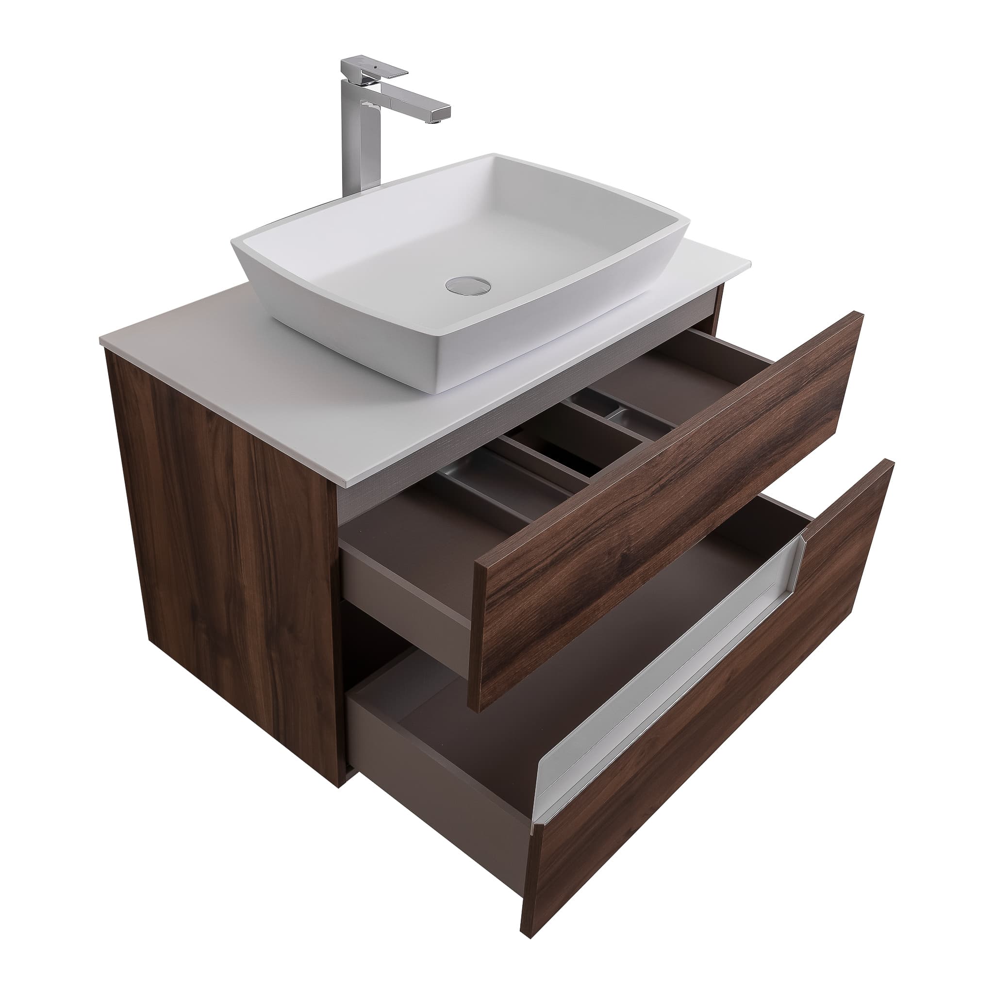 Vision 31.5 Valenti Medium Brown Wood Cabinet, Solid Surface Flat White Counter And Square Solid Surface White Basin 1316, Wall Mounted Modern Vanity Set