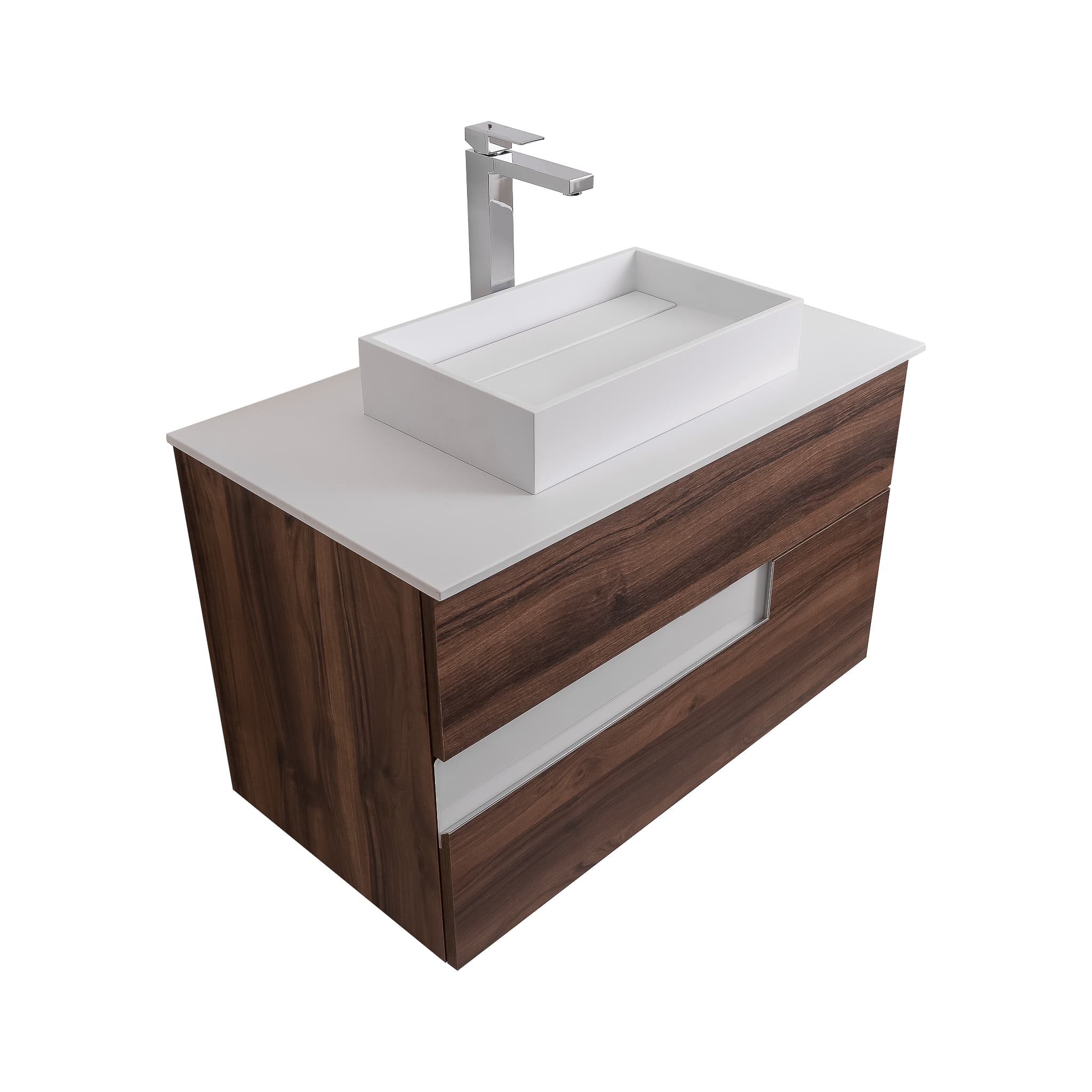 Vision 31.5 Valenti Medium Brown Wood Cabinet, Solid Surface Flat White Counter And Infinity Square Solid Surface White Basin 1329, Wall Mounted Modern Vanity Set