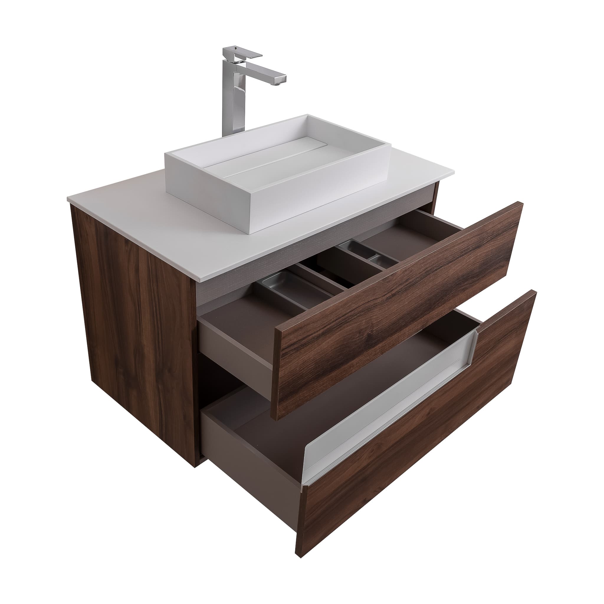 Vision 31.5 Valenti Medium Brown Wood Cabinet, Solid Surface Flat White Counter And Infinity Square Solid Surface White Basin 1329, Wall Mounted Modern Vanity Set