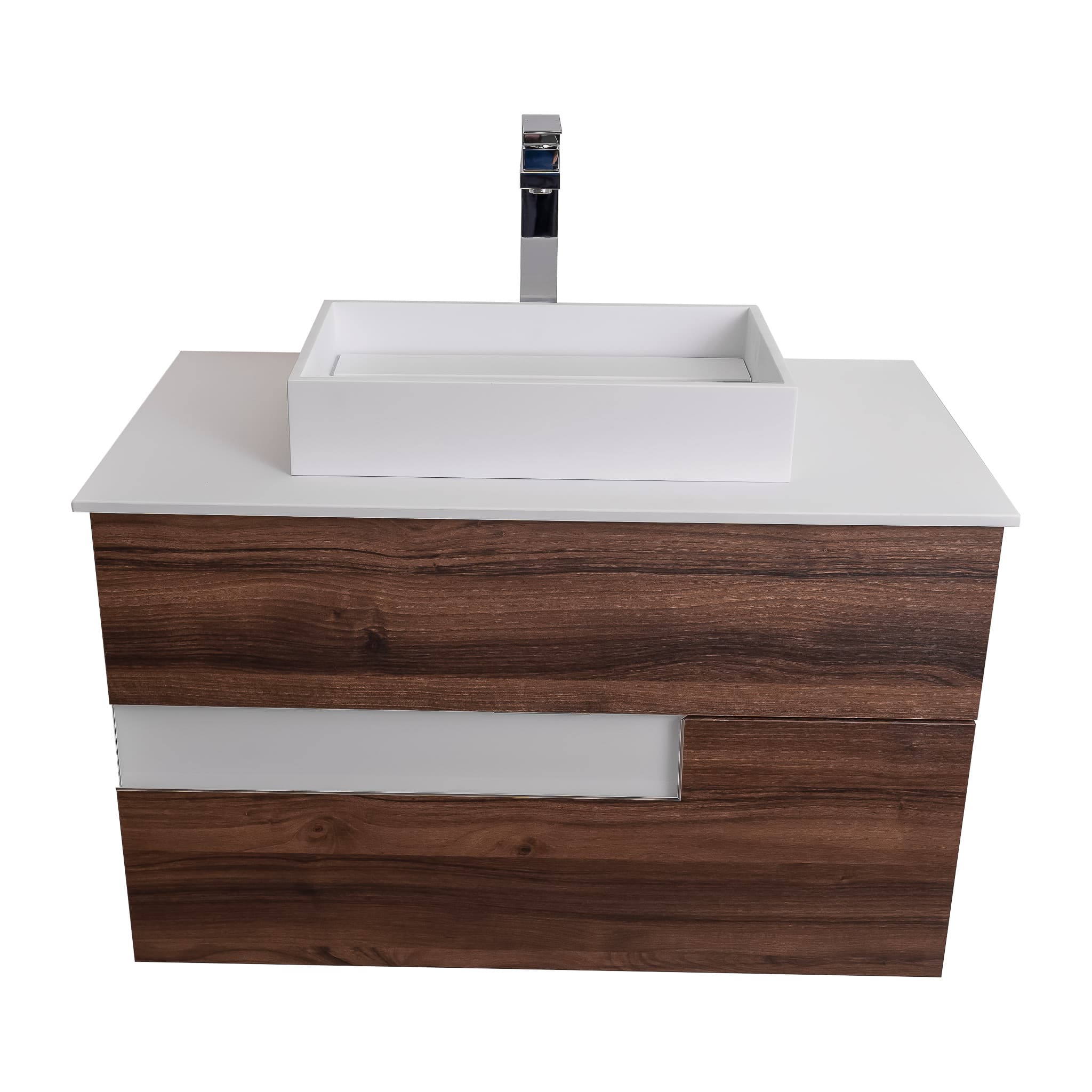 Vision 31.5 Valenti Medium Brown Wood Cabinet, Solid Surface Flat White Counter And Infinity Square Solid Surface White Basin 1329, Wall Mounted Modern Vanity Set