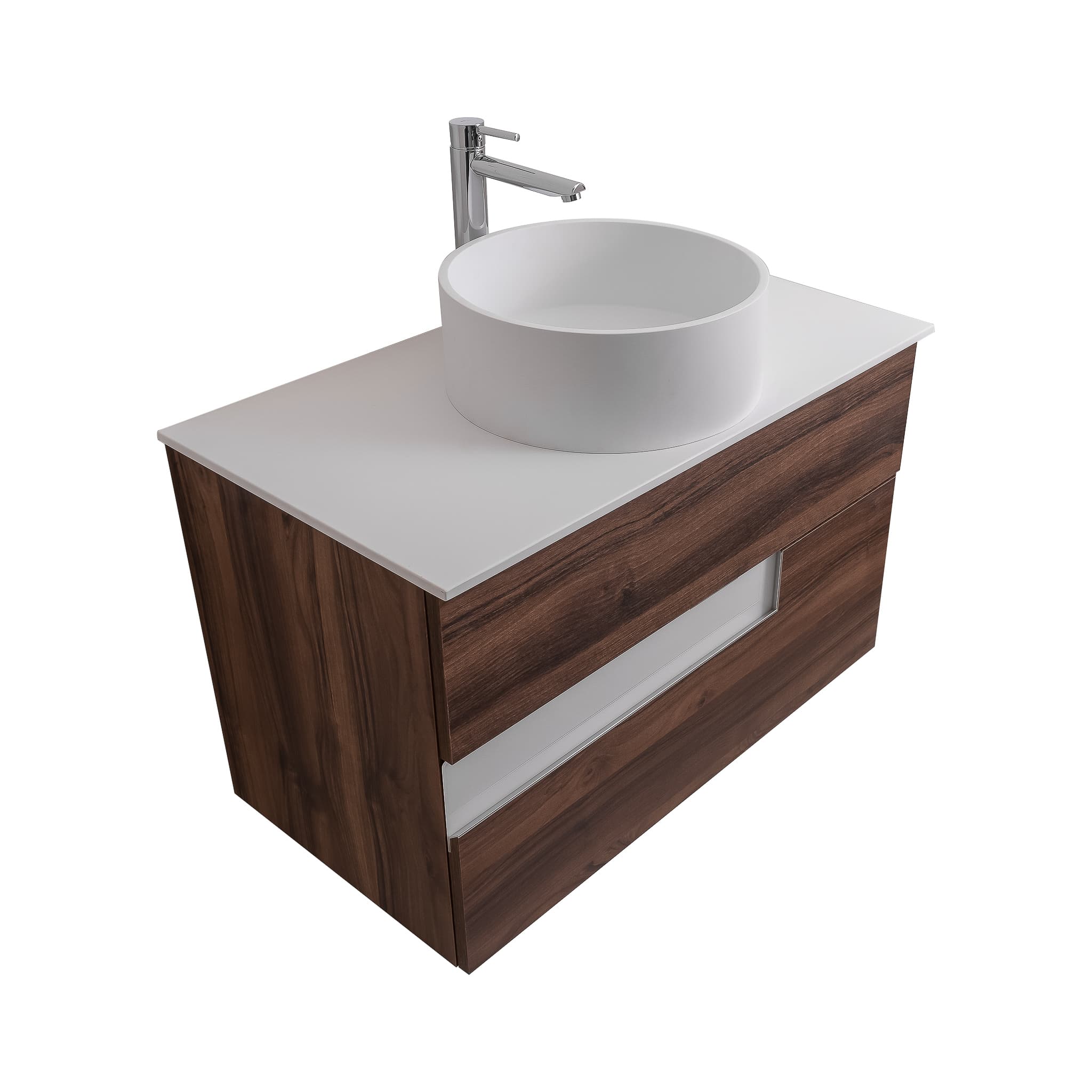 Vision 31.5 Valenti Medium Brown Wood Cabinet, Solid Surface Flat White Counter And Round Solid Surface White Basin 1386, Wall Mounted Modern Vanity Set