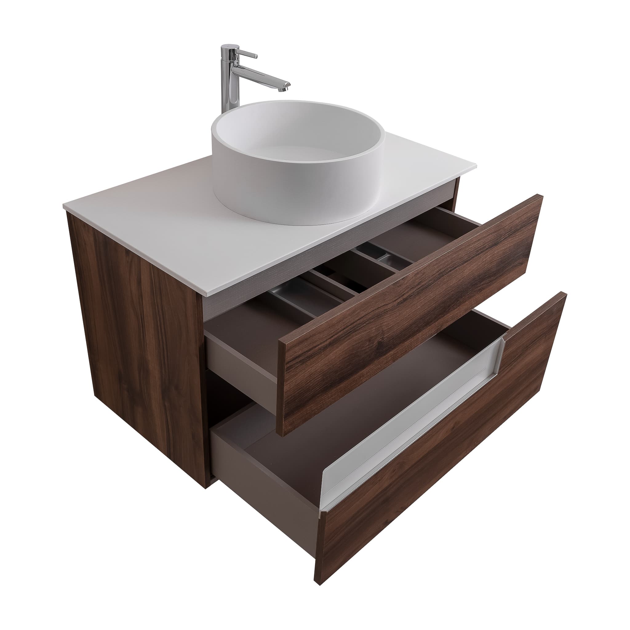 Vision 31.5 Valenti Medium Brown Wood Cabinet, Solid Surface Flat White Counter And Round Solid Surface White Basin 1386, Wall Mounted Modern Vanity Set