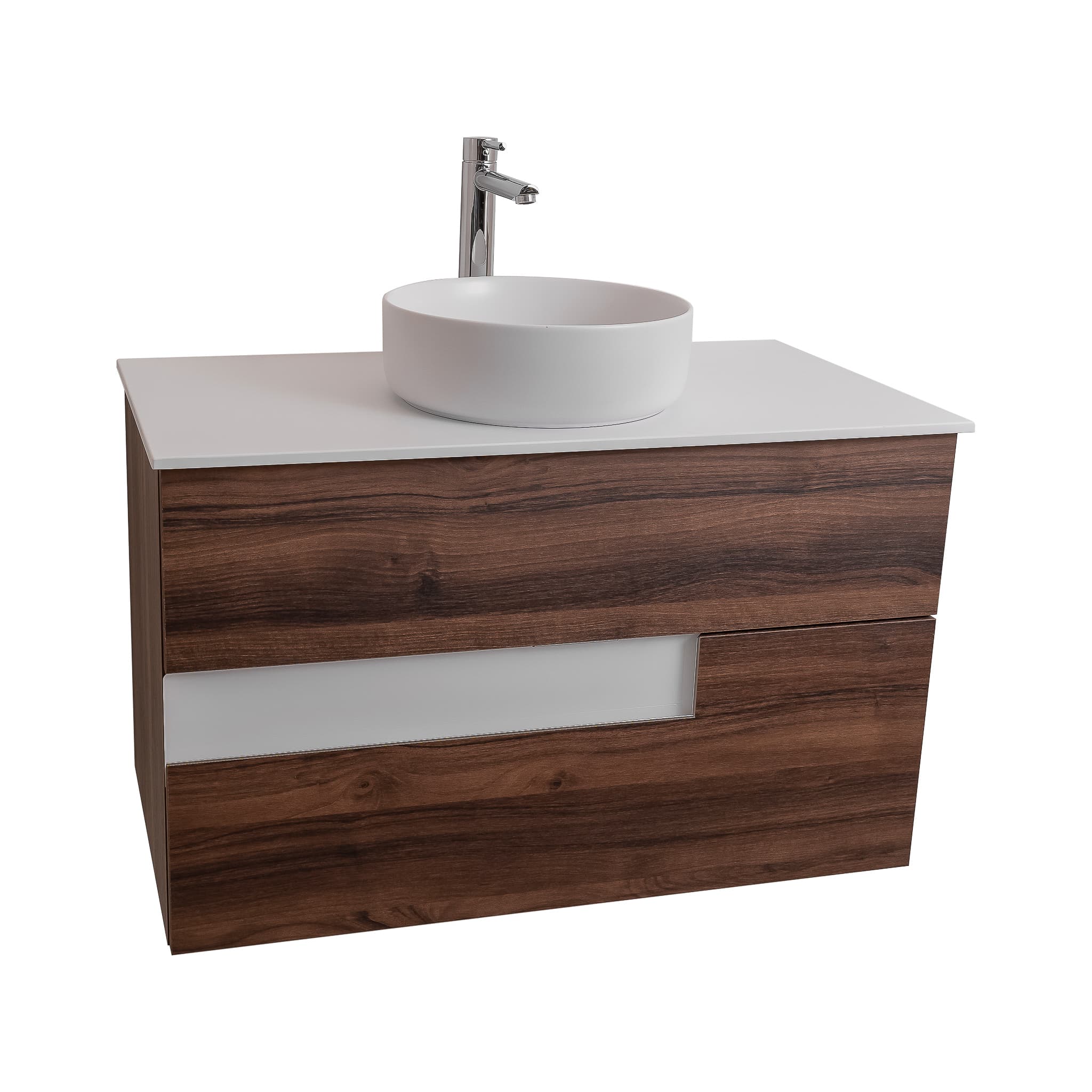 Vision 31.5 Valenti Medium Brown Wood Cabinet, Ares White Top And Ares White Ceramic Basin, Wall Mounted Modern Vanity Set