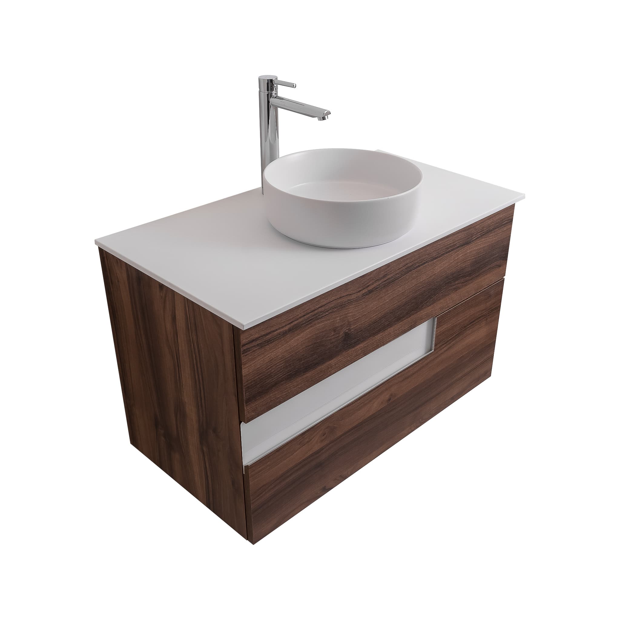 Vision 31.5 Valenti Medium Brown Wood Cabinet, Ares White Top And Ares White Ceramic Basin, Wall Mounted Modern Vanity Set