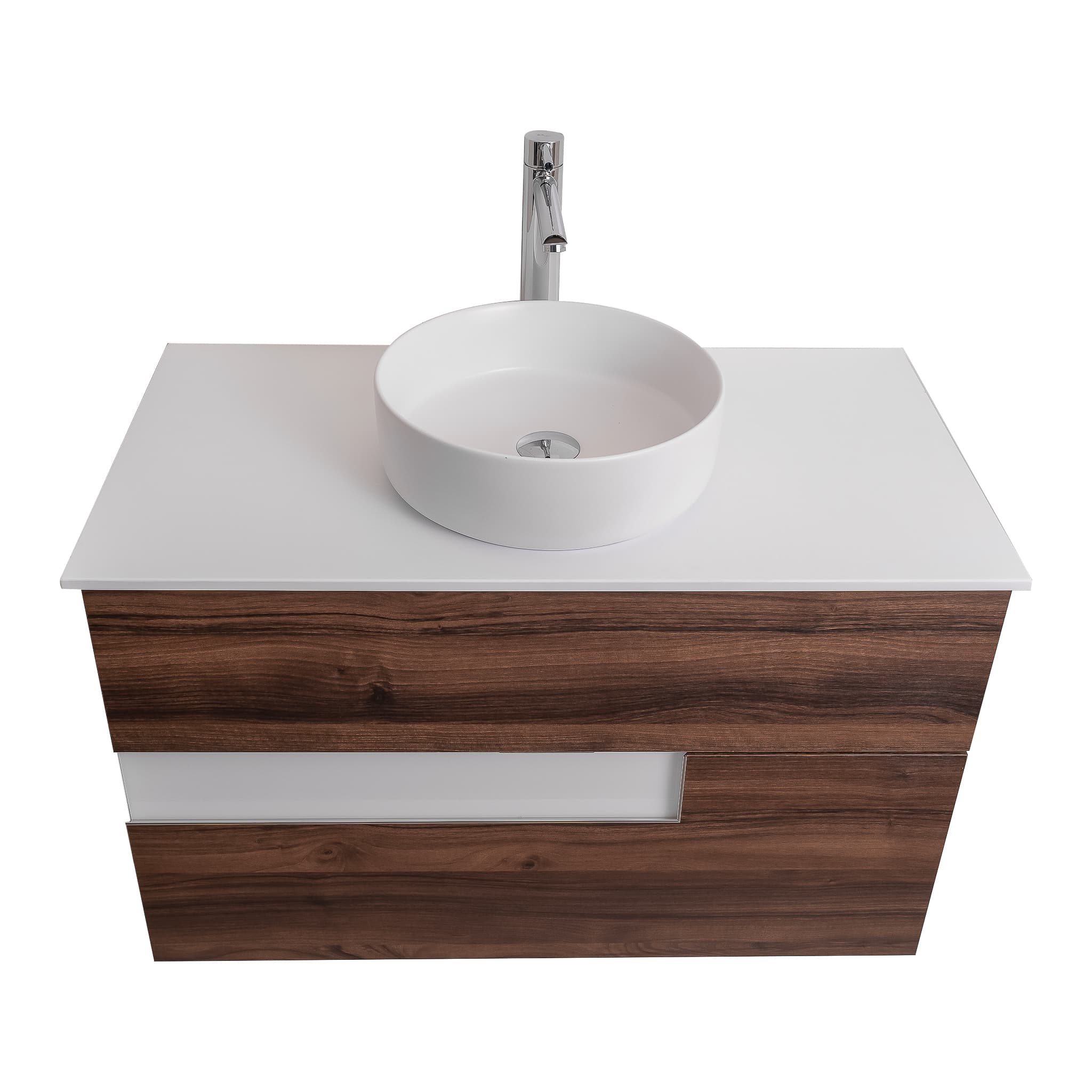 Vision 31.5 Valenti Medium Brown Wood Cabinet, Ares White Top And Ares White Ceramic Basin, Wall Mounted Modern Vanity Set