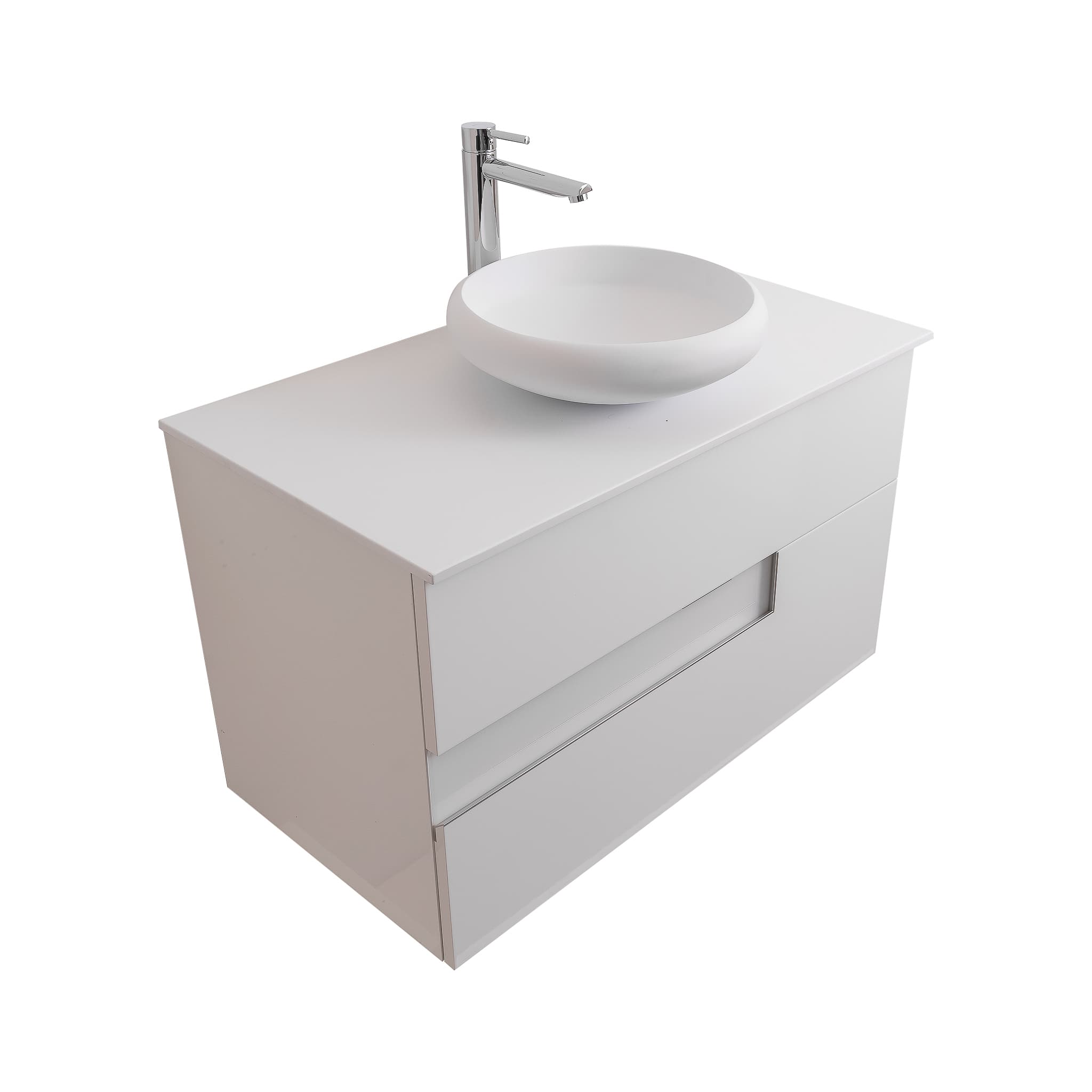 Vision 31.5 White High Gloss Cabinet, Solid Surface Flat White Counter And Round Solid Surface White Basin 1153, Wall Mounted Modern Vanity Set