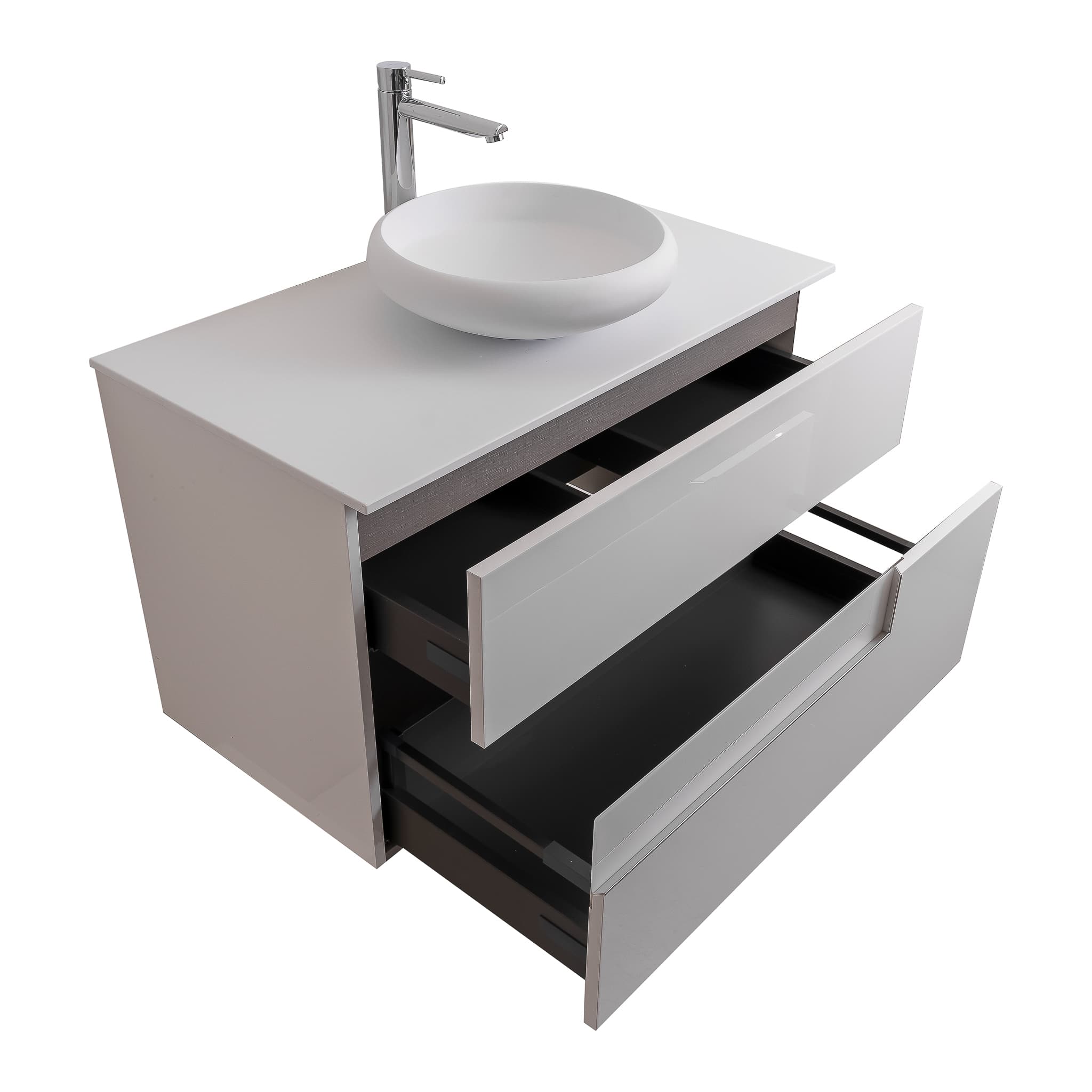 Vision 31.5 White High Gloss Cabinet, Solid Surface Flat White Counter And Round Solid Surface White Basin 1153, Wall Mounted Modern Vanity Set