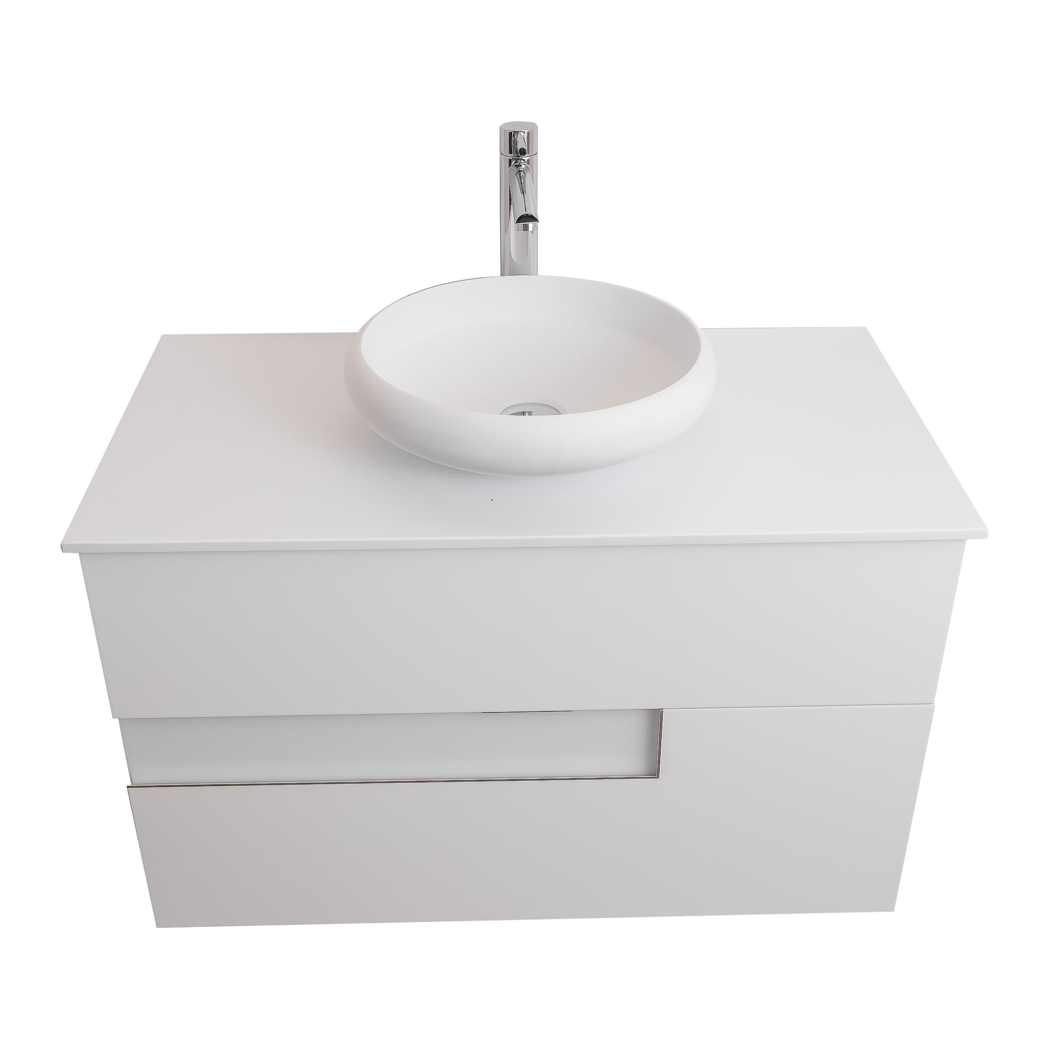 Vision 31.5 White High Gloss Cabinet, Solid Surface Flat White Counter And Round Solid Surface White Basin 1153, Wall Mounted Modern Vanity Set