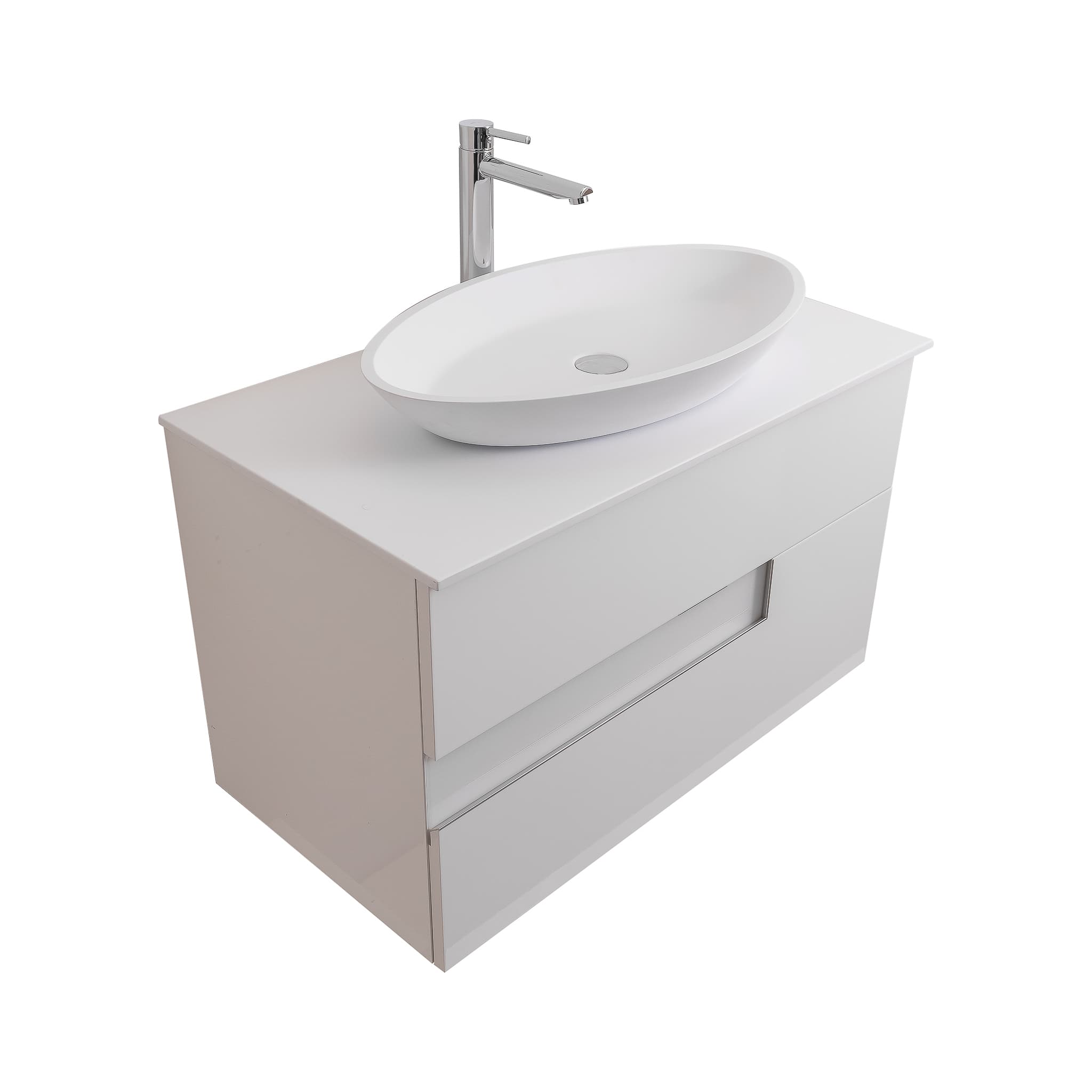 Vision 31.5 White High Gloss Cabinet, Solid Surface Flat White Counter And Oval Solid Surface White Basin 1305, Wall Mounted Modern Vanity Set