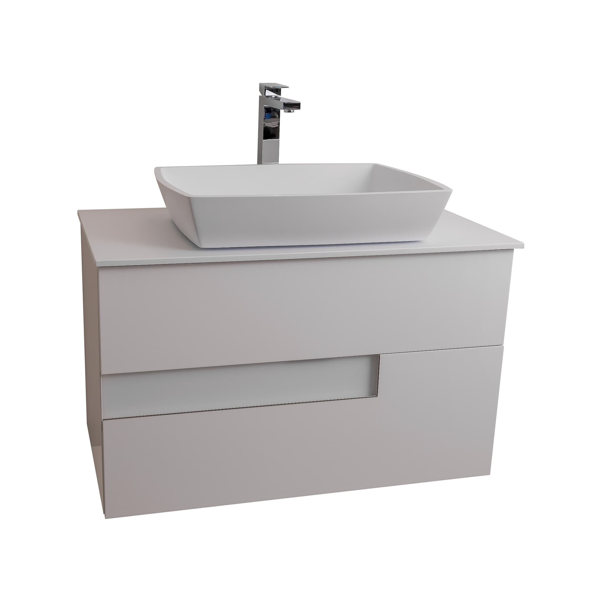 Vision 31.5 White High Gloss Cabinet, Solid Surface Flat White Counter And Square Solid Surface White Basin 1316, Wall Mounted Modern Vanity Set