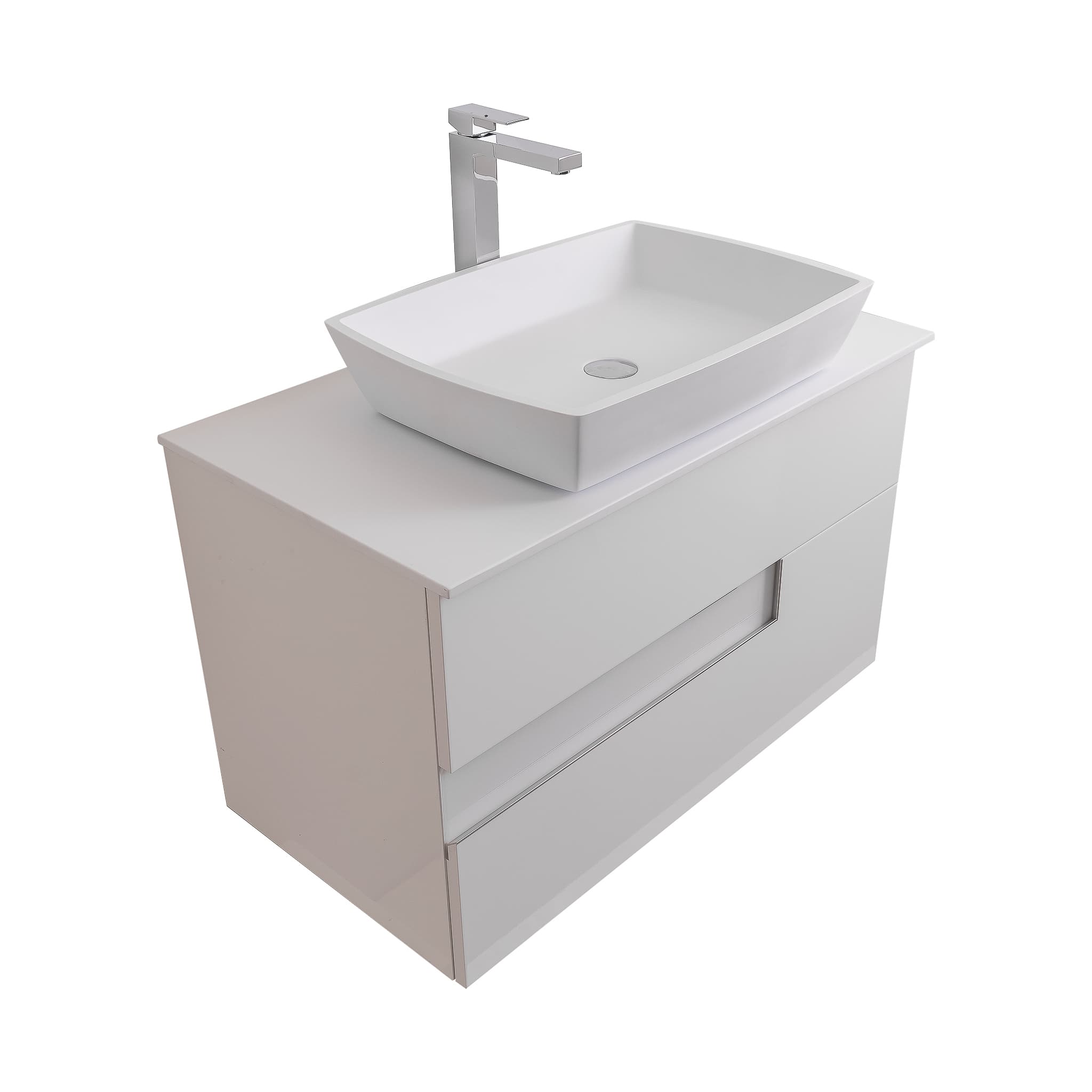 Vision 31.5 White High Gloss Cabinet, Solid Surface Flat White Counter And Square Solid Surface White Basin 1316, Wall Mounted Modern Vanity Set