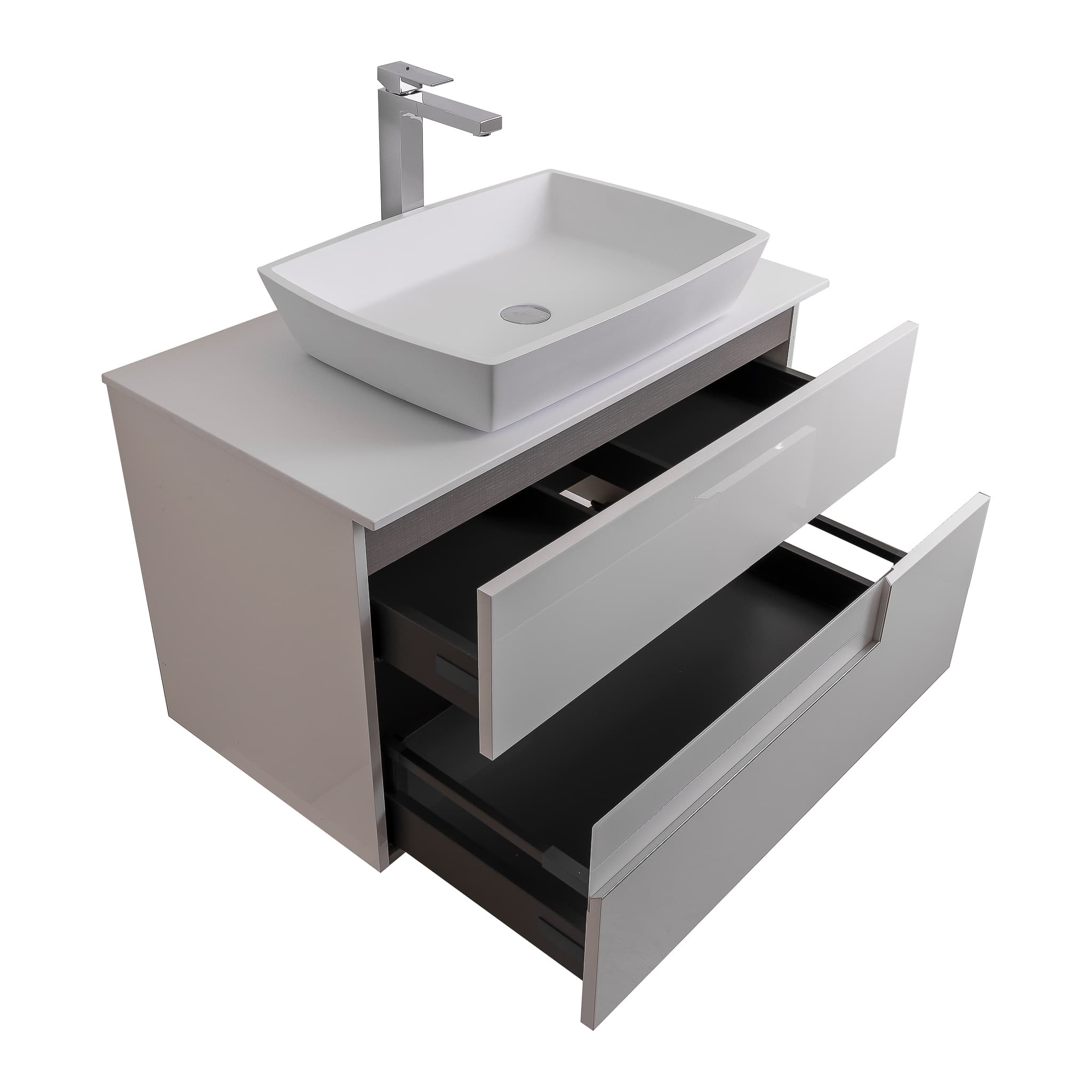 Vision 31.5 White High Gloss Cabinet, Solid Surface Flat White Counter And Square Solid Surface White Basin 1316, Wall Mounted Modern Vanity Set