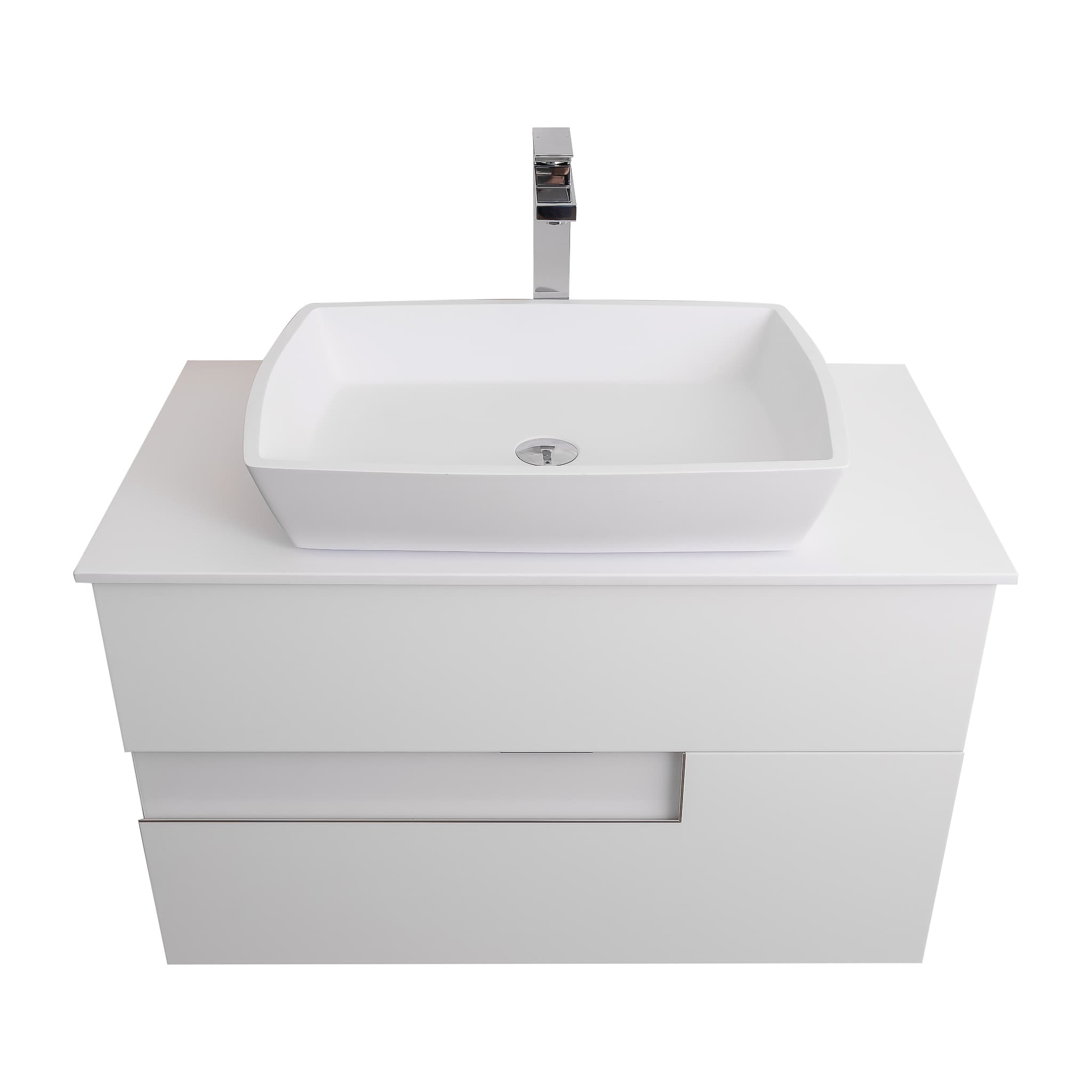 Vision 31.5 White High Gloss Cabinet, Solid Surface Flat White Counter And Square Solid Surface White Basin 1316, Wall Mounted Modern Vanity Set