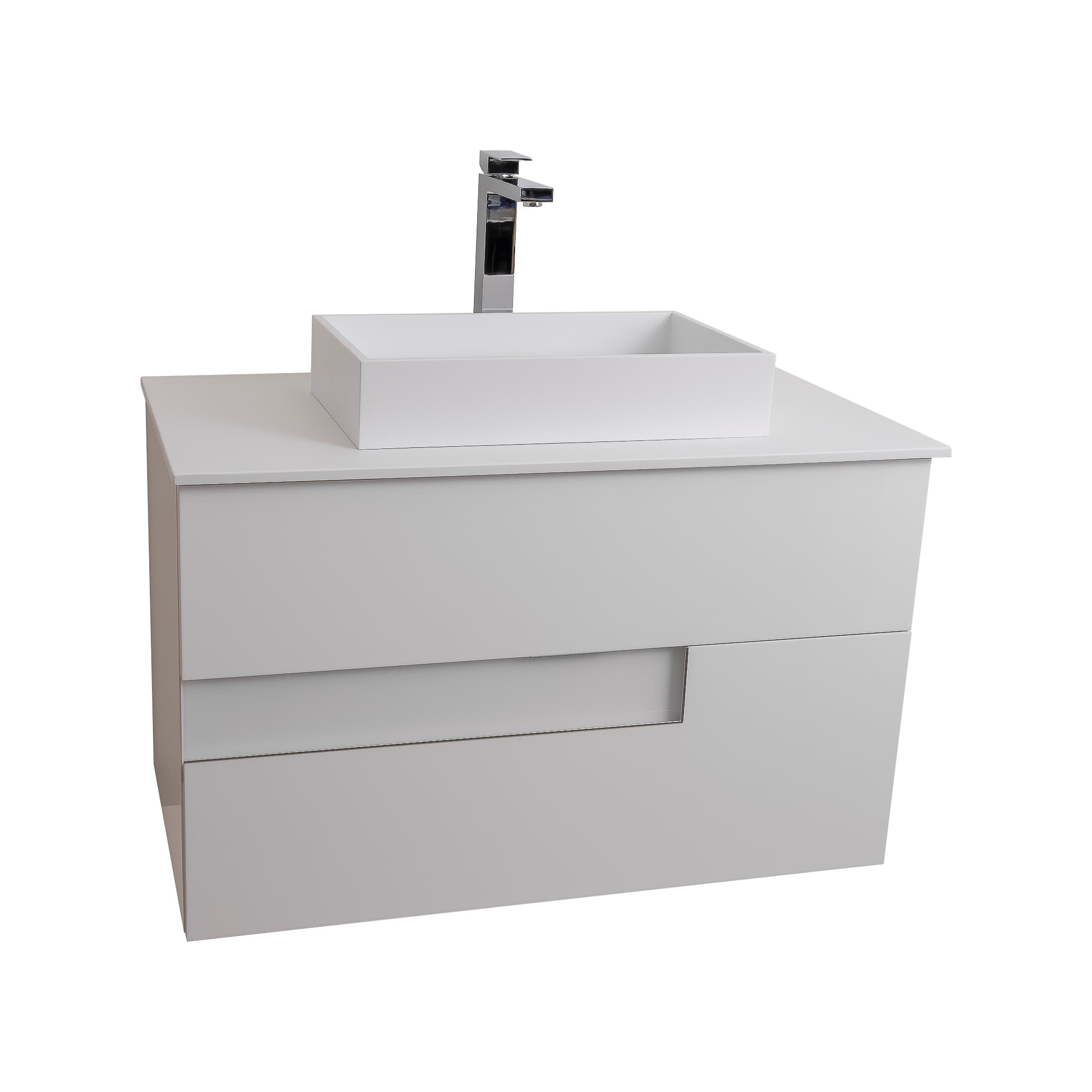 Vision 31.5 White High Gloss Cabinet, Solid Surface Flat White Counter And Infinity Square Solid Surface White Basin 1329, Wall Mounted Modern Vanity Set