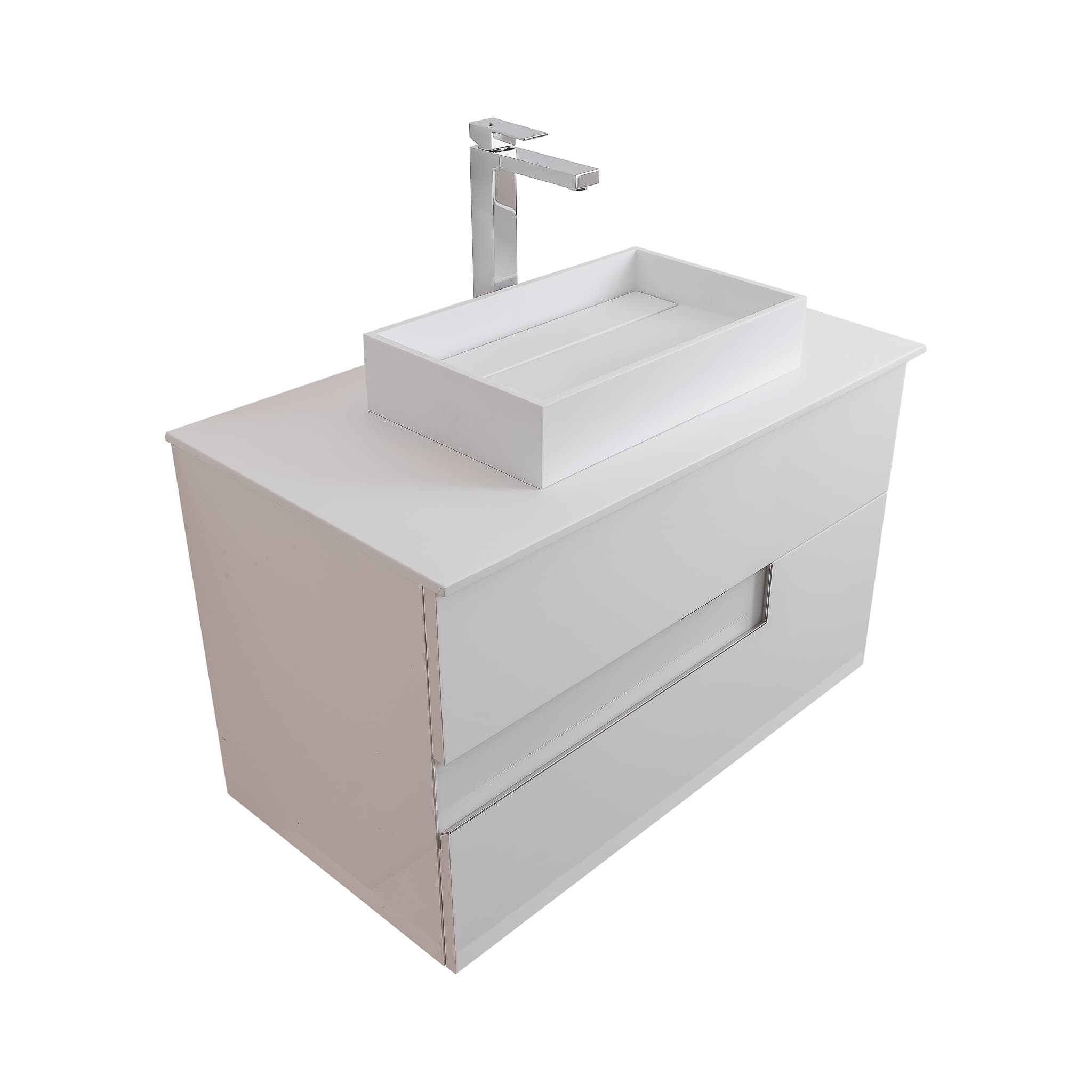 Vision 31.5 White High Gloss Cabinet, Solid Surface Flat White Counter And Infinity Square Solid Surface White Basin 1329, Wall Mounted Modern Vanity Set