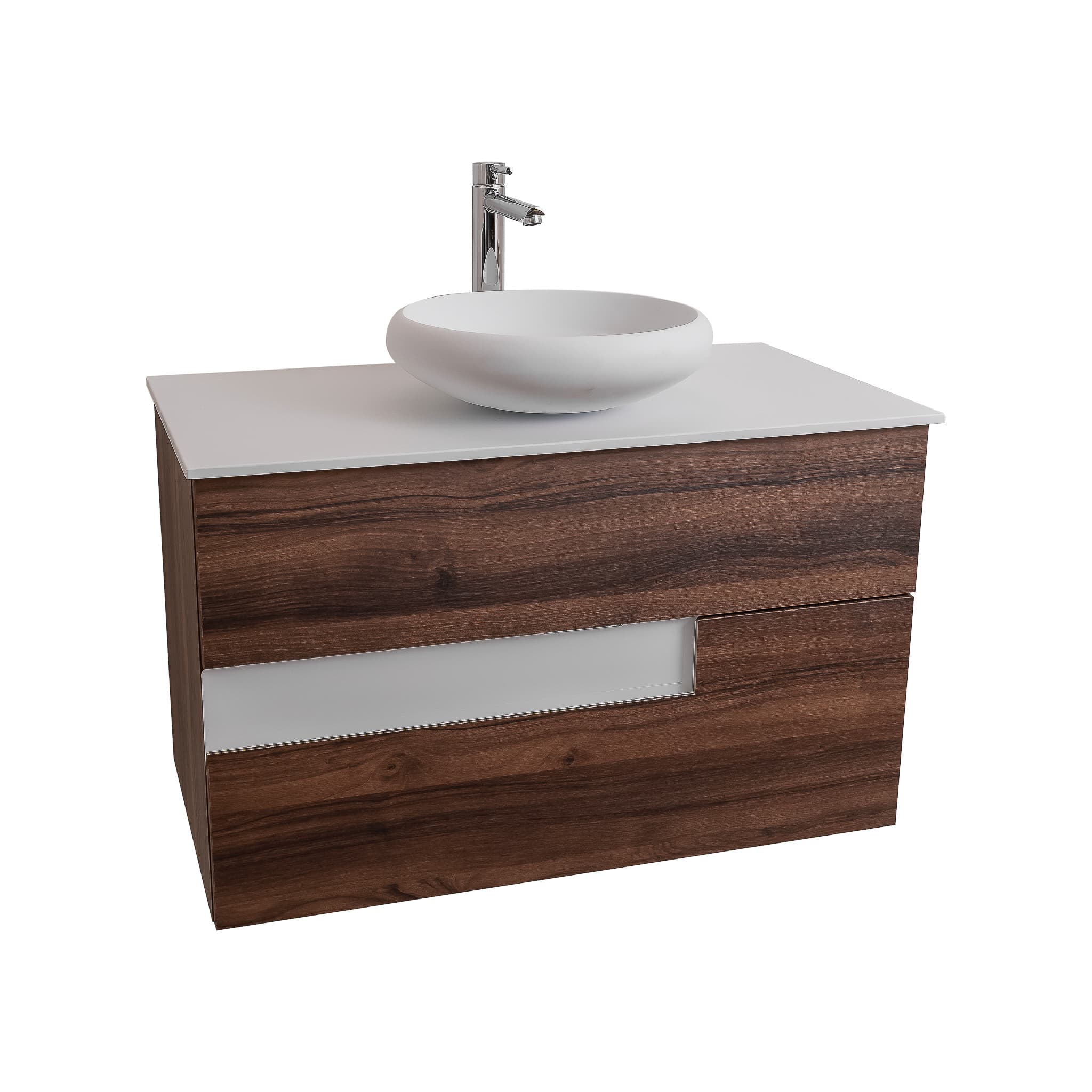 Vision 35.5 Valenti Medium Brown Wood Cabinet, Solid Surface Flat White Counter And Round Solid Surface White Basin 1153, Wall Mounted Modern Vanity Set