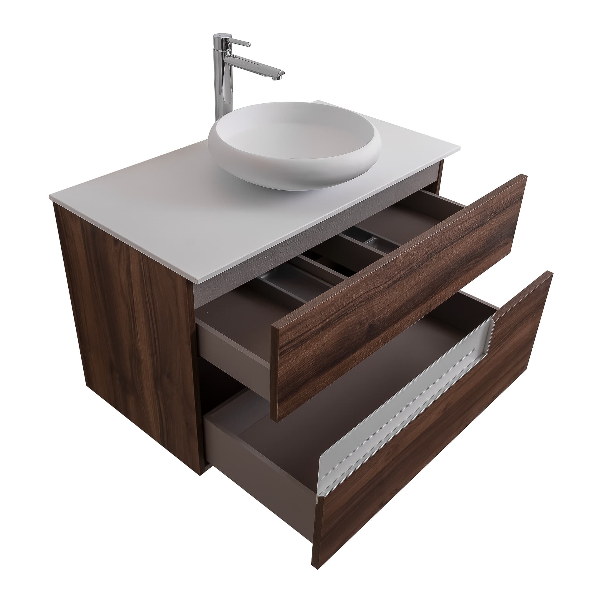 Vision 35.5 Valenti Medium Brown Wood Cabinet, Solid Surface Flat White Counter And Round Solid Surface White Basin 1153, Wall Mounted Modern Vanity Set