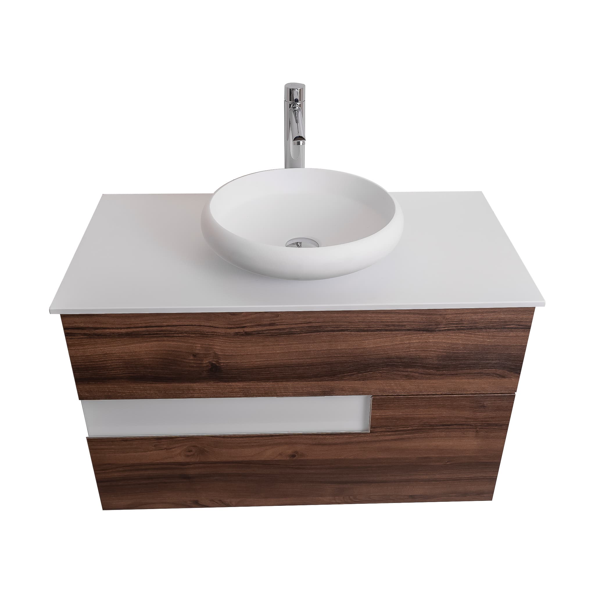 Vision 35.5 Valenti Medium Brown Wood Cabinet, Solid Surface Flat White Counter And Round Solid Surface White Basin 1153, Wall Mounted Modern Vanity Set