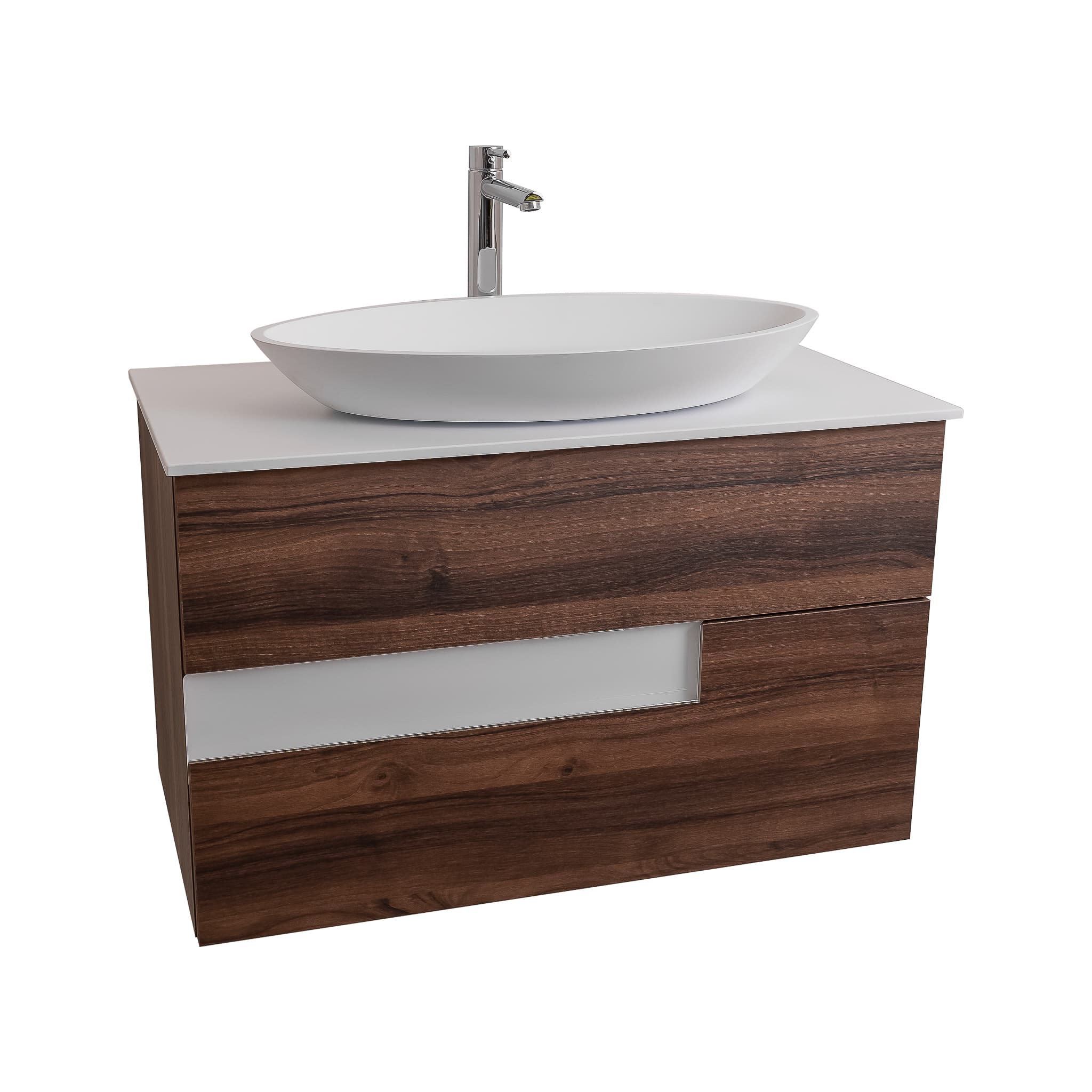 Vision 35.5 Valenti Medium Brown Wood Cabinet, Solid Surface Flat White Counter And Oval Solid Surface White Basin 1305, Wall Mounted Modern Vanity Set