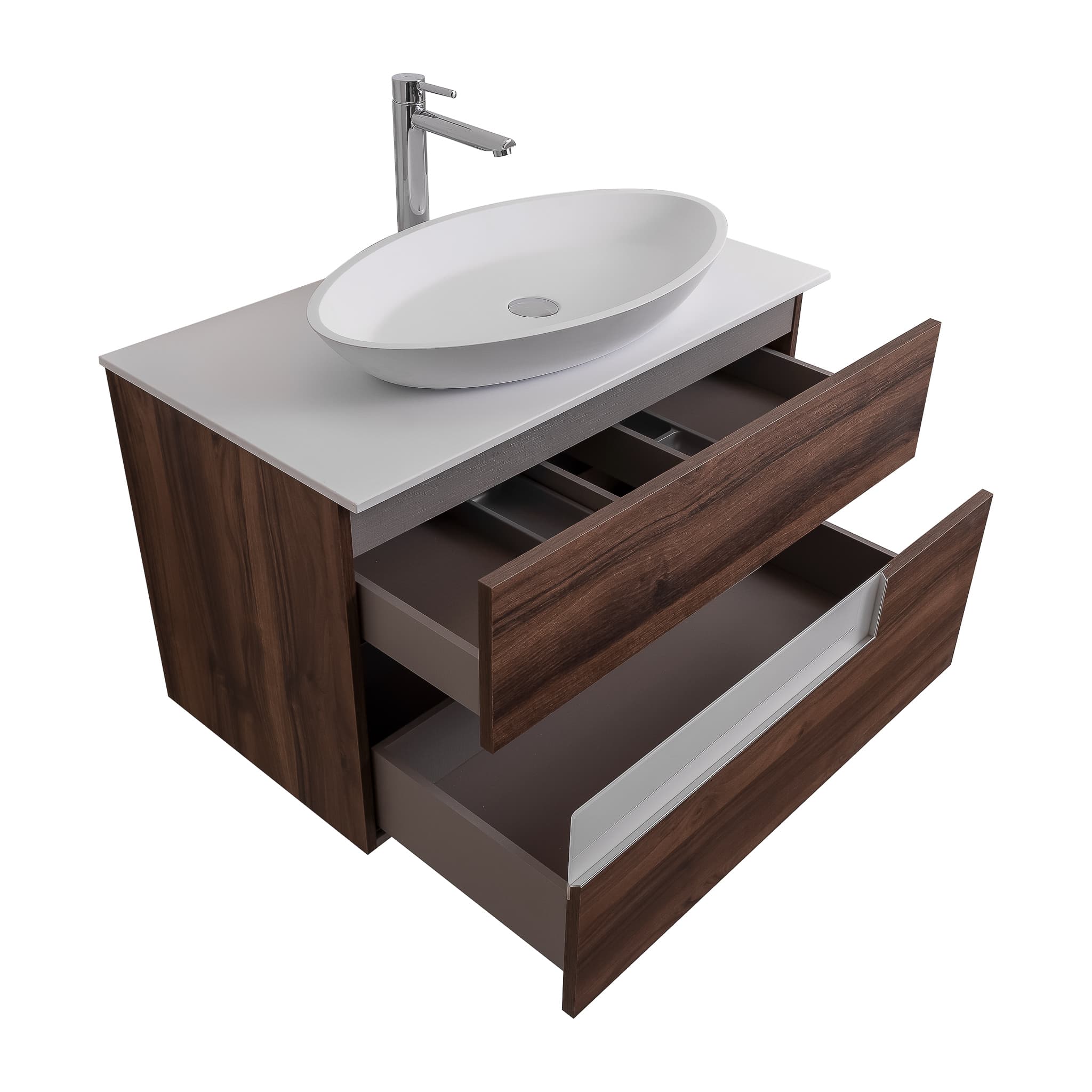 Vision 35.5 Valenti Medium Brown Wood Cabinet, Solid Surface Flat White Counter And Oval Solid Surface White Basin 1305, Wall Mounted Modern Vanity Set