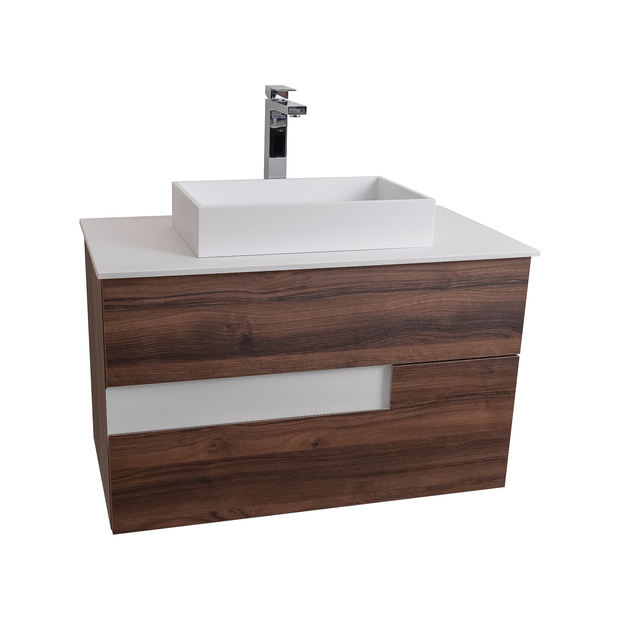Vision 35.5 Valenti Medium Brown Wood Cabinet, Solid Surface Flat White Counter And Infinity Square Solid Surface White Basin 1329, Wall Mounted Modern Vanity Set