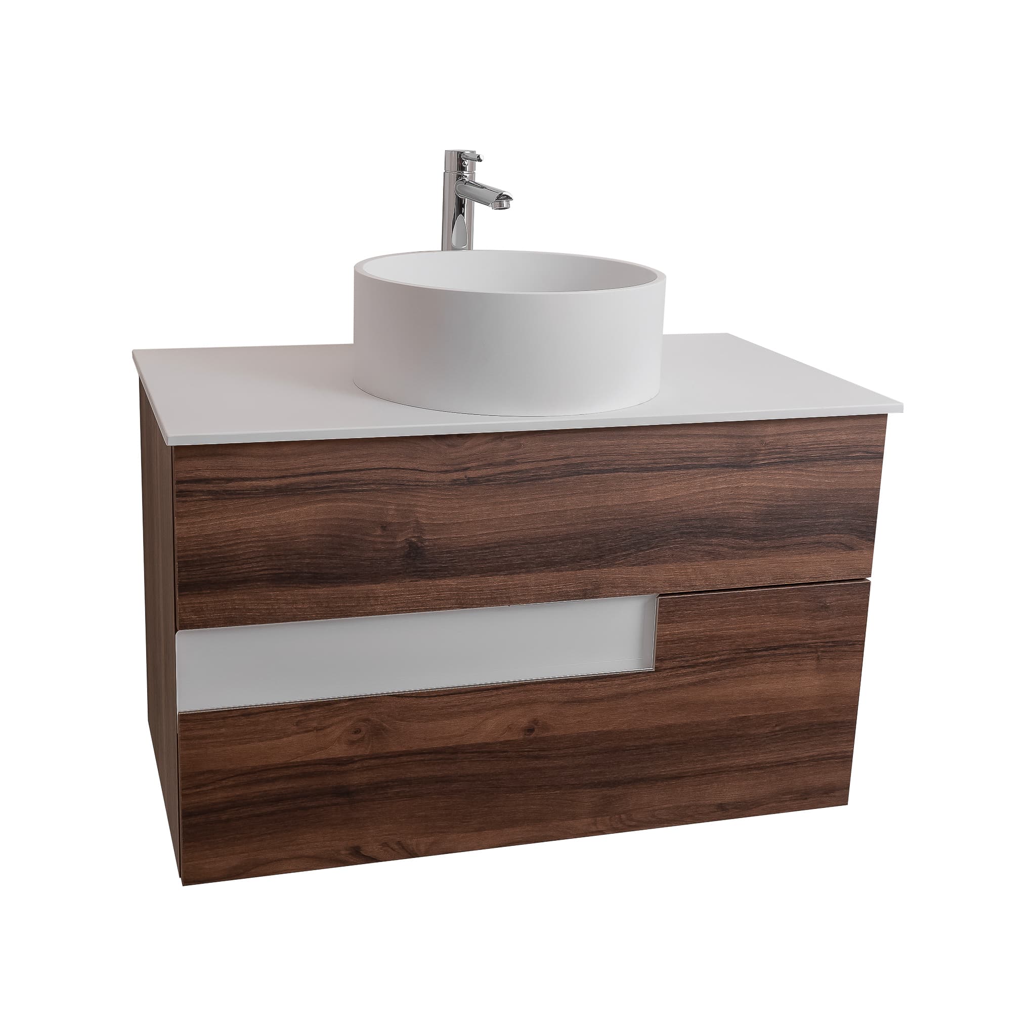 Vision 35.5 Valenti Medium Brown Wood Cabinet, Solid Surface Flat White Counter And Round Solid Surface White Basin 1386, Wall Mounted Modern Vanity Set