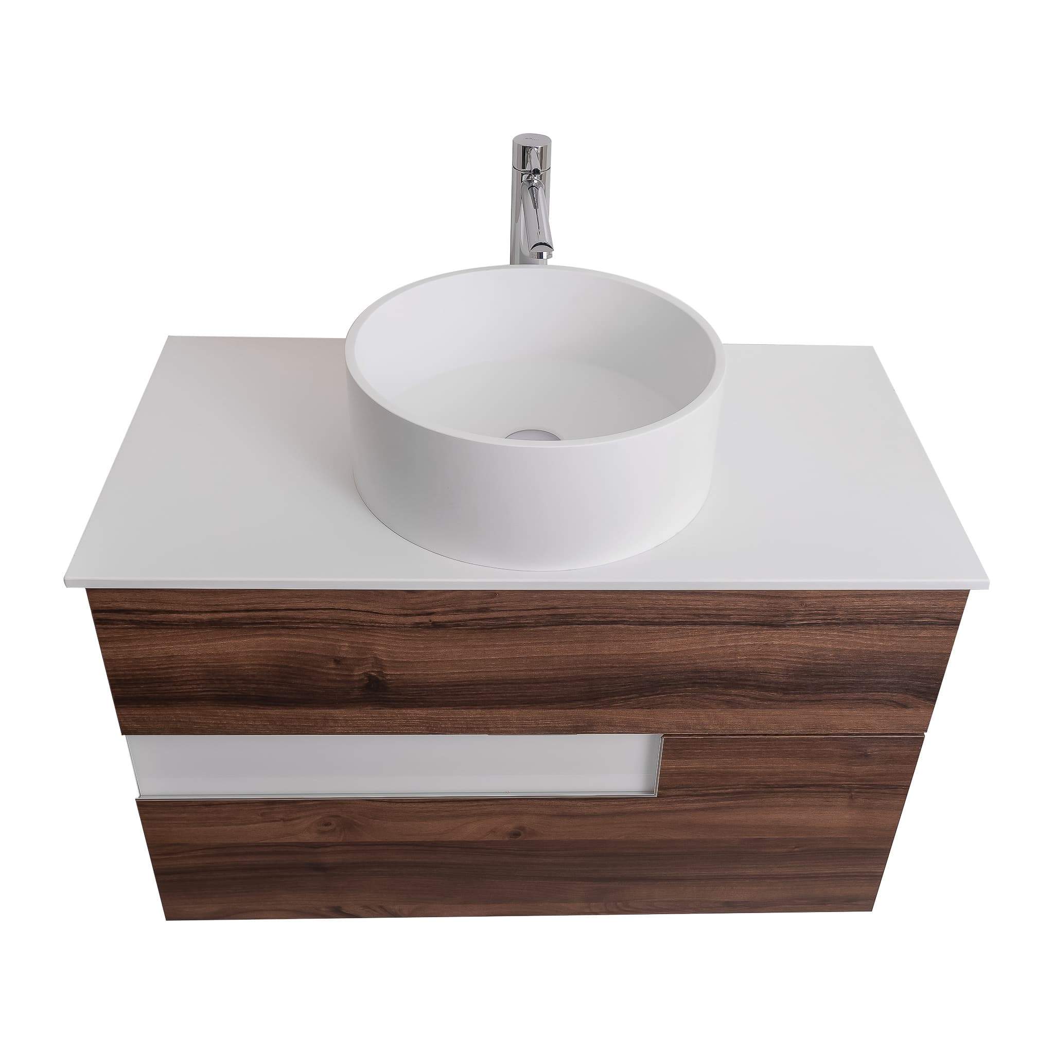 Vision 35.5 Valenti Medium Brown Wood Cabinet, Solid Surface Flat White Counter And Round Solid Surface White Basin 1386, Wall Mounted Modern Vanity Set