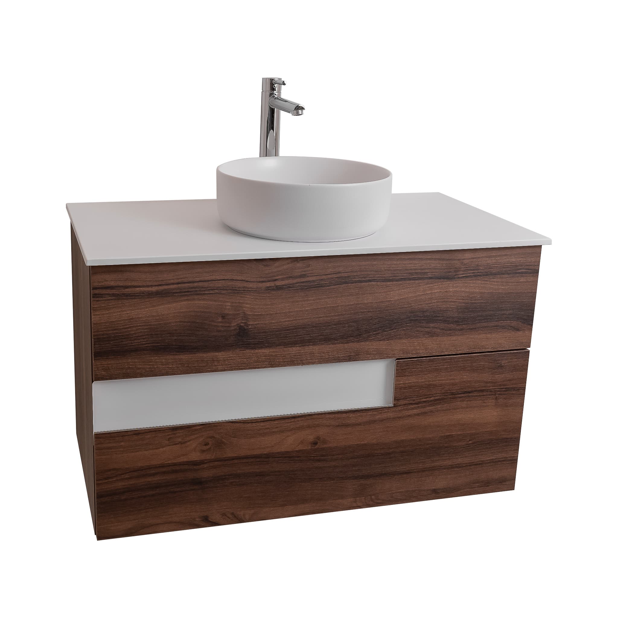 Vision 35.5 Valenti Medium Brown Wood Cabinet, Ares White Top And Ares White Ceramic Basin, Wall Mounted Modern Vanity Set Bath Trends USA