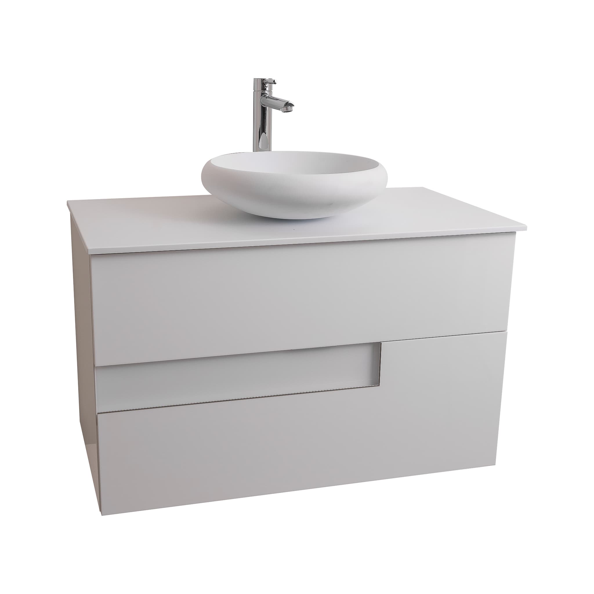 Vision 35.5 White High Gloss Cabinet, Solid Surface Flat White Counter And Round Solid Surface White Basin 1153, Wall Mounted Modern Vanity Set