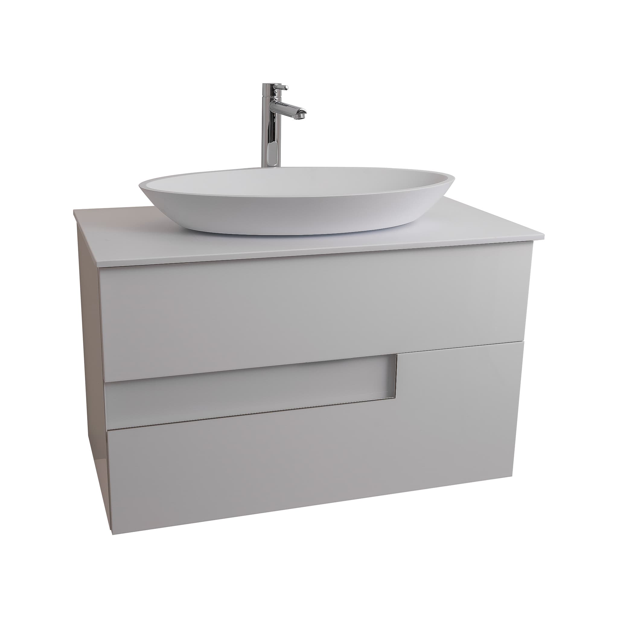 Vision 35.5 White High Gloss Cabinet, Solid Surface Flat White Counter And Oval Solid Surface White Basin 1305, Wall Mounted Modern Vanity Set