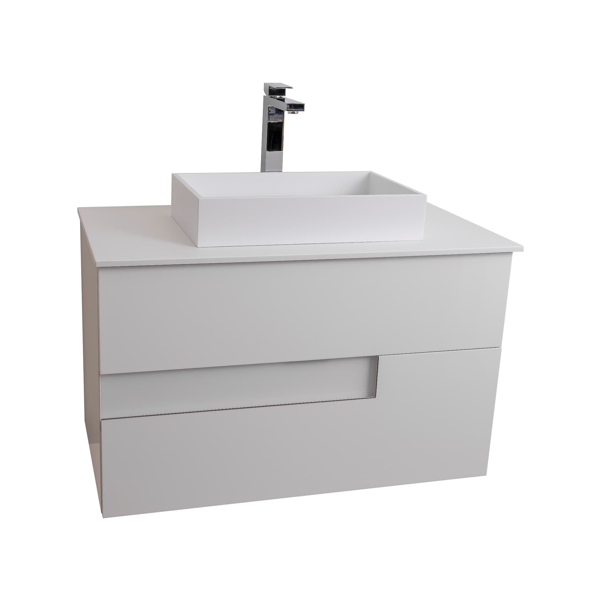 Vision 35.5 White High Gloss Cabinet, Solid Surface Flat White Counter And Infinity Square Solid Surface White Basin 1329, Wall Mounted Modern Vanity Set