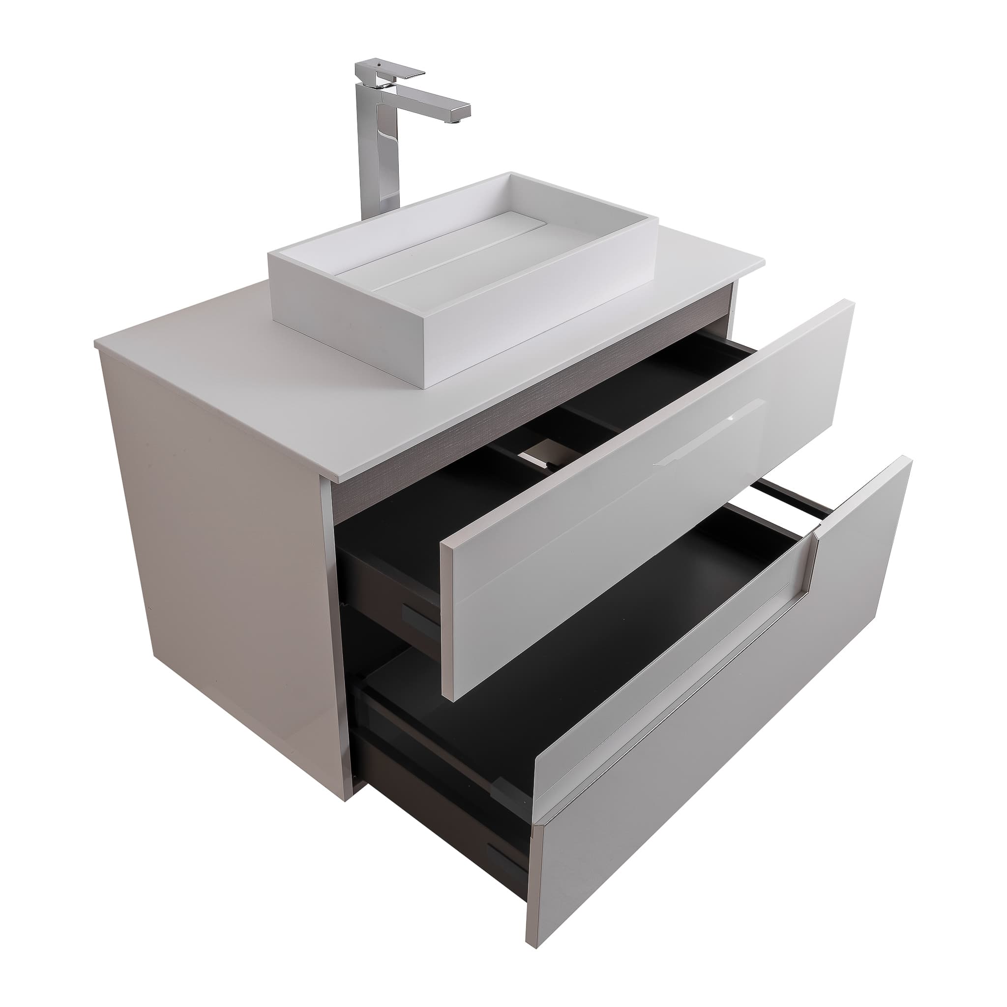 Vision 35.5 White High Gloss Cabinet, Solid Surface Flat White Counter And Infinity Square Solid Surface White Basin 1329, Wall Mounted Modern Vanity Set